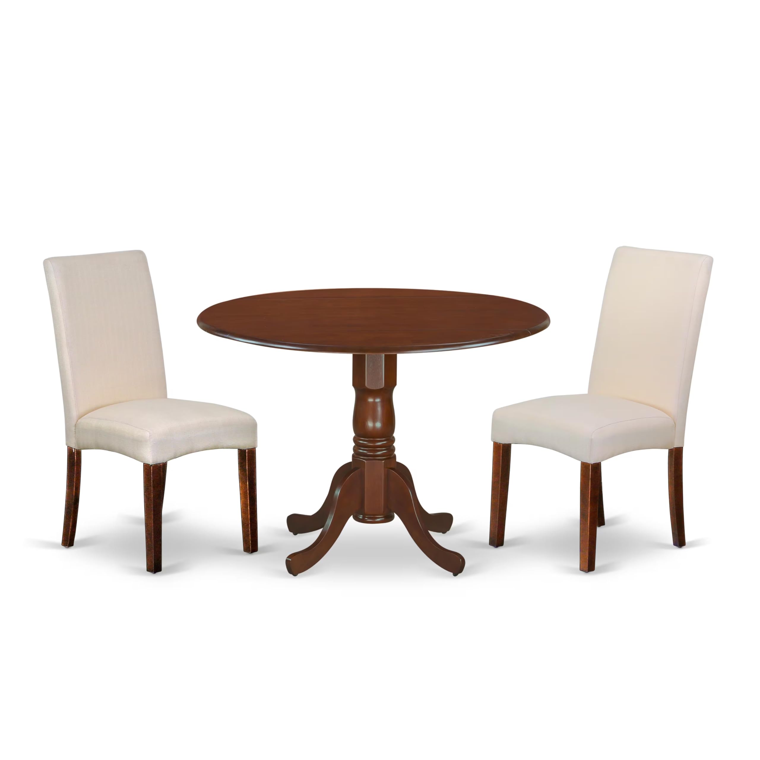 East West Furniture DLDR3-MAH-01 3-Piece Kitchen Table Set with Round Drop-Leaf Dining Table & 2 Cream Linen Fabric Chairs, 42x42 Inch, Mahogany - Perfect for Small Spaces, Breakfast Nooks & Cozy Dining Areas
