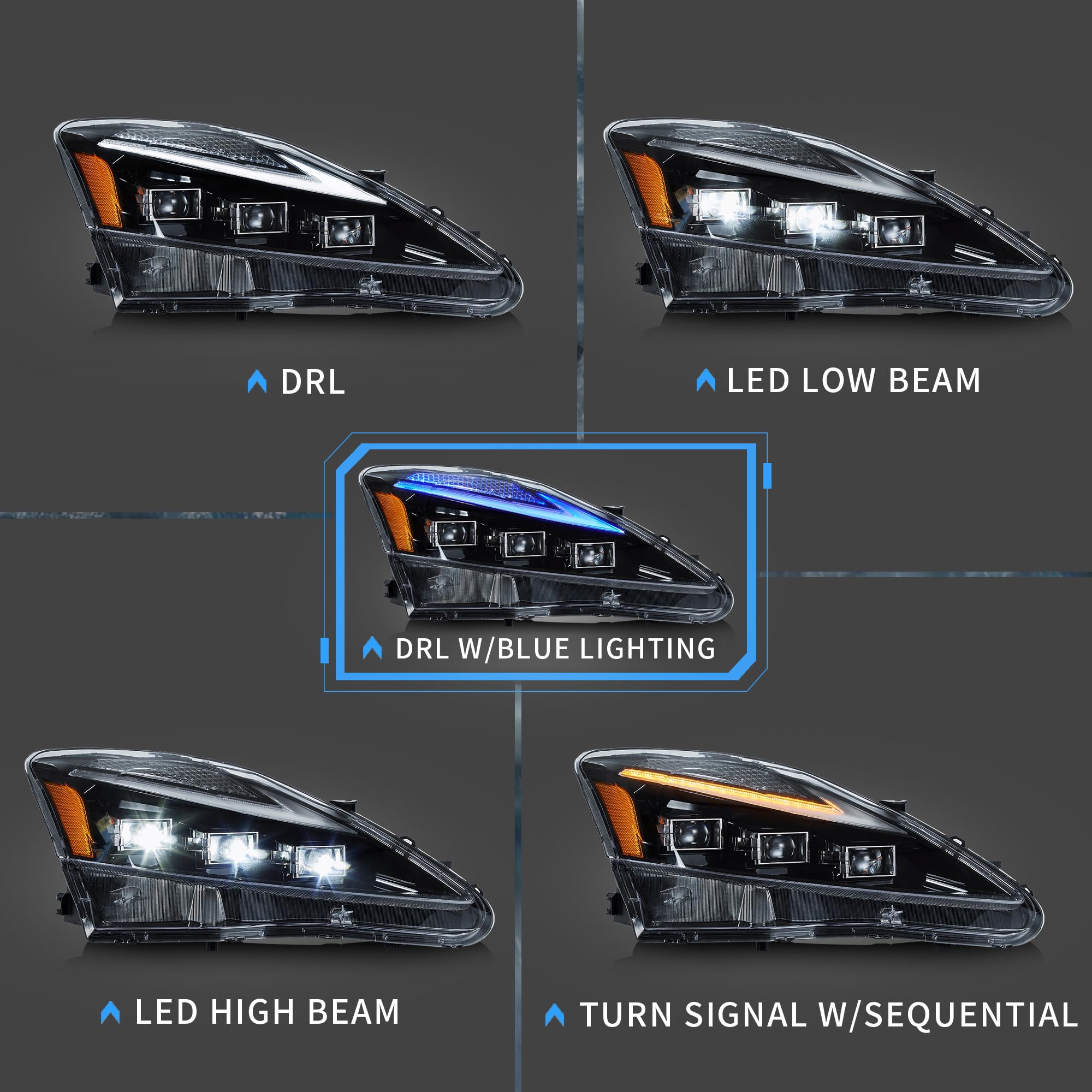 VLAND LED Projector Headlights for Lexus IS250/IS350 2006-2014 - Blue Lighting & Turn Signal for Night Driving