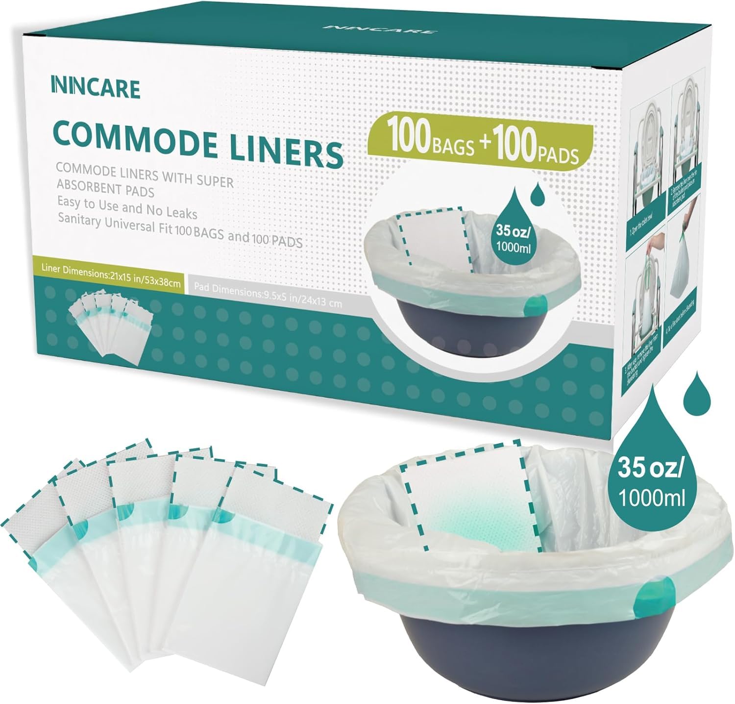 **Disposable Commode Liners with Absorbent Pads - 100 Count Value Pack, Universal Fit for Adult Portable Toilets & Bedside Commodes (100 Bags + 100 Pads) - Ideal for Home Care, Elderly, and Post-Surgery Use**