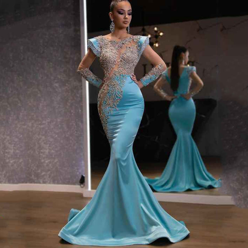 2025 New Light Blue Fishtail Skirt - Elegant Long Evening Dress for Women, Sand Gold Series, Perfect for Banquets, Parties & Formal Events | Slim Fit, Stylish & Sophisticated