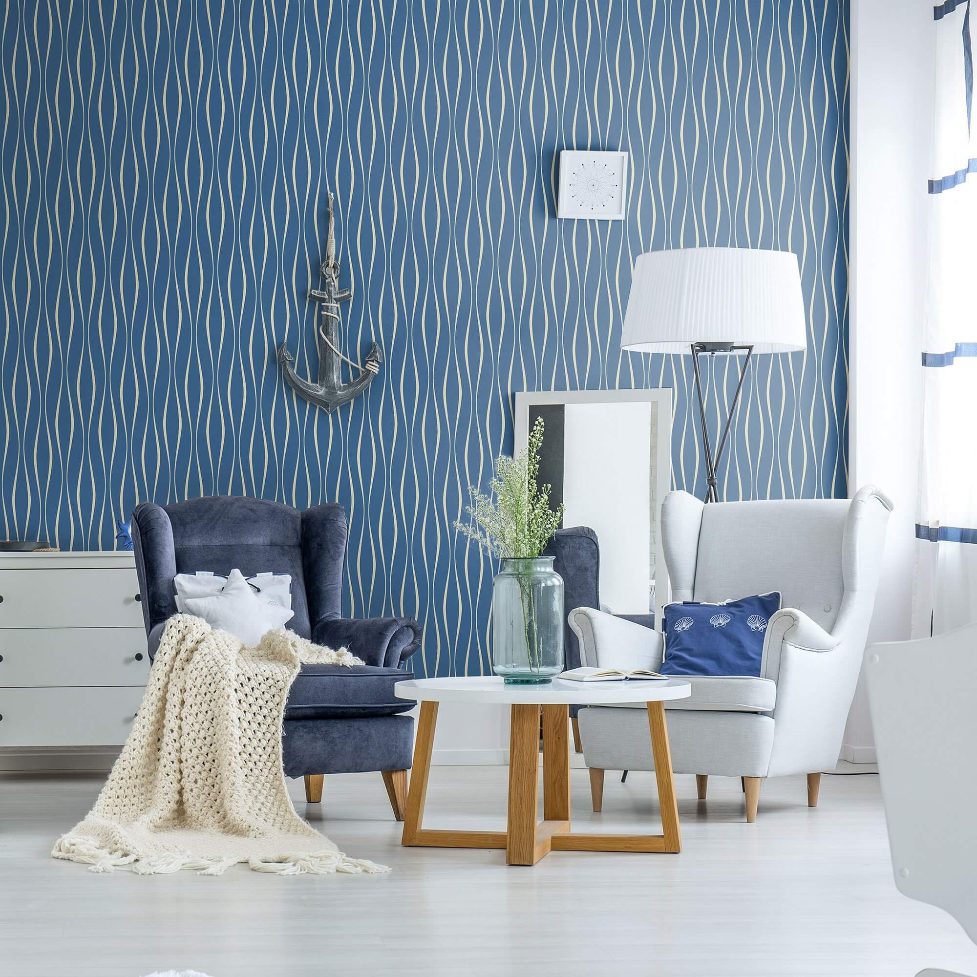 Blue Lines Peel and Stick Removable Wallpaper - Self-Adhesive Decorative Wall Covering for Bedroom, Living Room, Office & Nursery - Easy to Apply & Remove