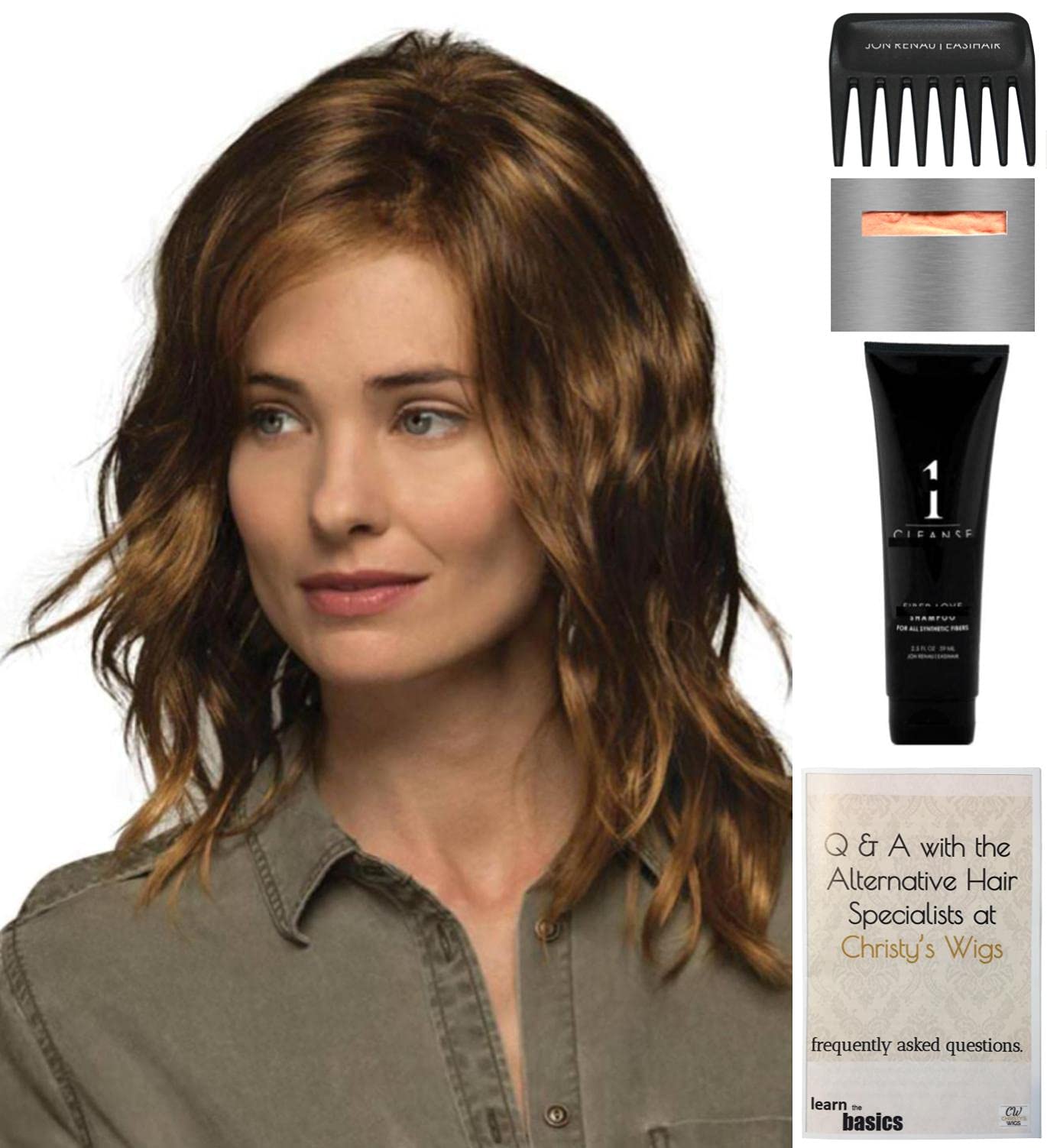 Estetica Ocean Wig Bundle - 5 Piece Set with Americano Color Synthetic Hair, Christy's Wigs Q&A Booklet, 2oz Travel Size Wig Shampoo, Wig Cap & Wide Tooth Comb - Perfect for Cosplay, Costume Parties & Everyday Wear