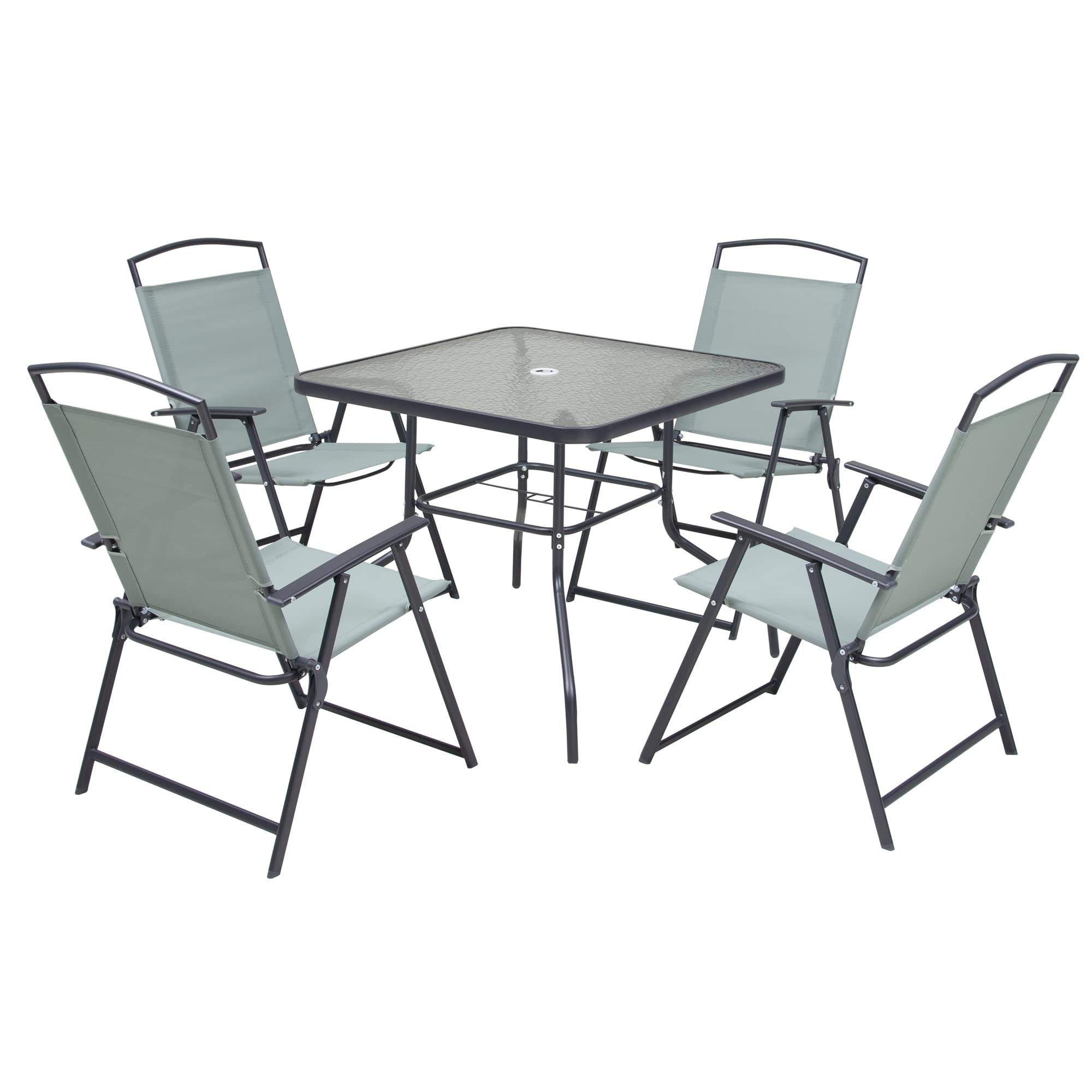VredHom 5-Piece Outdoor Dining Set - Patio Table & 4 Folding Chairs with Square Glass Top & Umbrella Hole - Durable Metal Furniture for Balcony, Porch, Deck, Lawn & Garden - Perfect for BBQs, Poolside Dining & Outdoor Entertaining