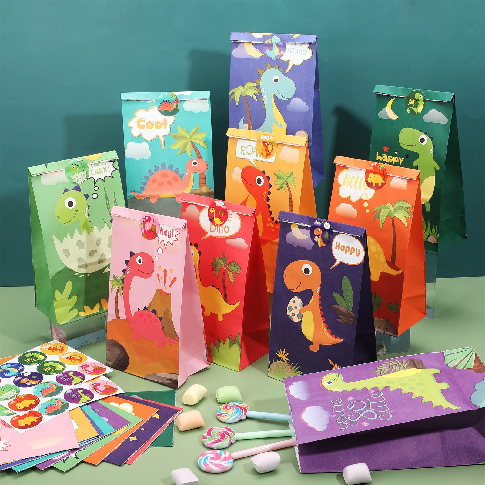 30 Pack Dinosaur Party Favor Bags with Matching Stickers - Dino Themed Treat Bags for Kids Birthday, Baby Shower & Graduation Parties - Perfect for Candy, Goodies & Small Gifts (Classic Design)