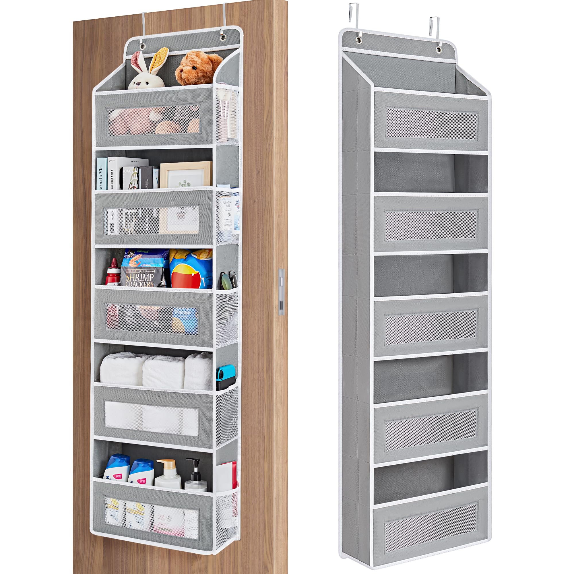 JARLINK Over The Door Organizer Storage - 5 Shelf Hanging Door Organizer with Large Pockets, Holds 44 lbs, Anti-Tilt Design for Bedroom, Bathroom, Pantry & Nursery (Grey) - Perfect for Small Space Organization & Closet Storage Solutions