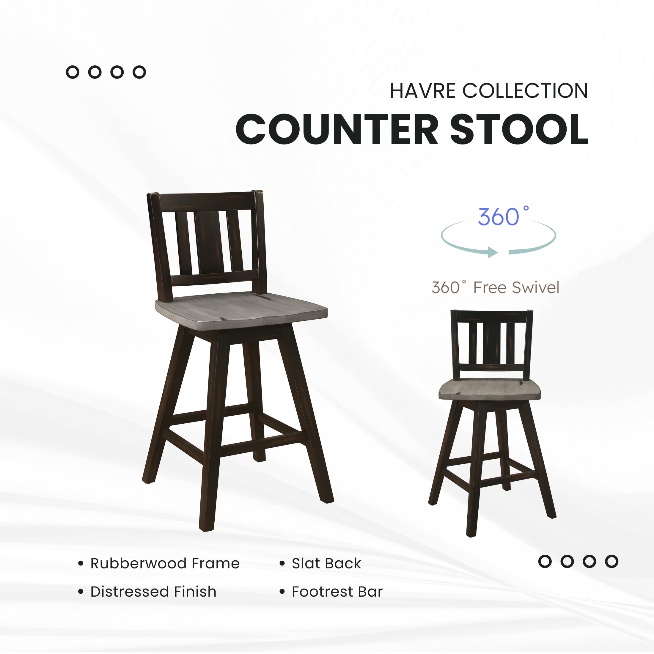 Modern Swivel Counter Height Bar Stools Set of 2 - Solid Wood Kitchen Island Stools with High Back, Footrest & Vertical Slat Design - 24