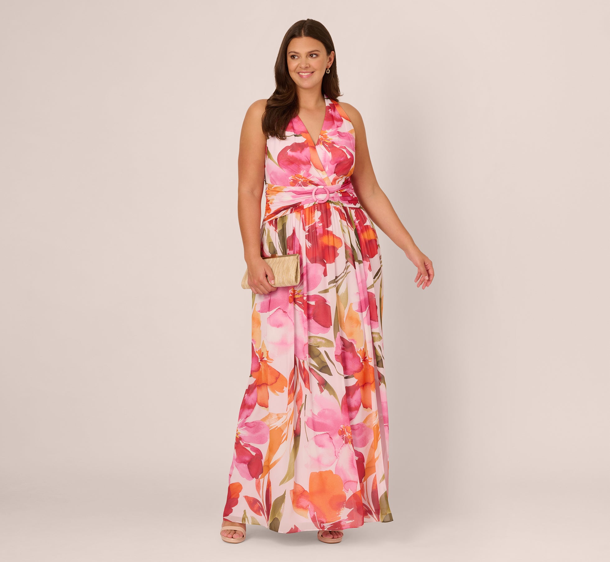 Plus Size Sleeveless Surplice Floral Chiffon Maxi Dress in Pink & Orange - Elegant Summer Wedding Guest Dress for Women, Beach Cover Up, Special Occasion Outfit