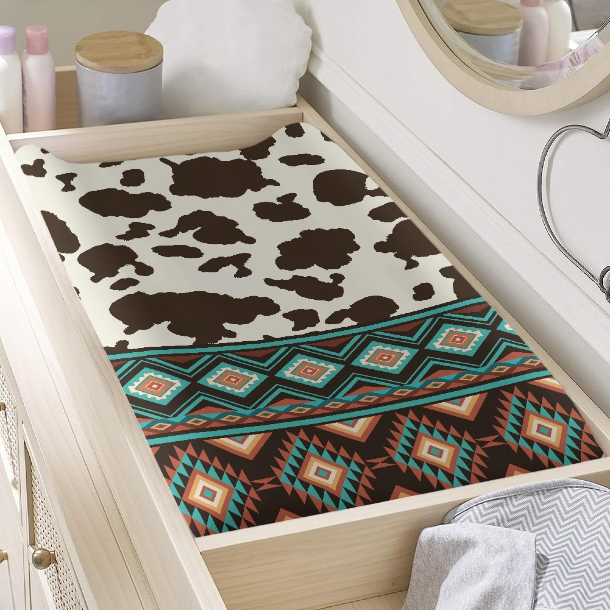 Boatee Southwest Aztec Cow Stripes Baby Changing Table Cover - Soft Waterproof Changing Pad Cover for Nursery, Diaper Station & Travel - Reversible Crib Mattress Protector & Comfort Blanket