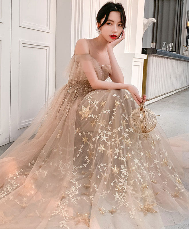 Elegant Champagne Round Neck Tulle Lace Long Prom Dress - Formal Evening Gown for Homecoming, Wedding, Ball & Special Occasions