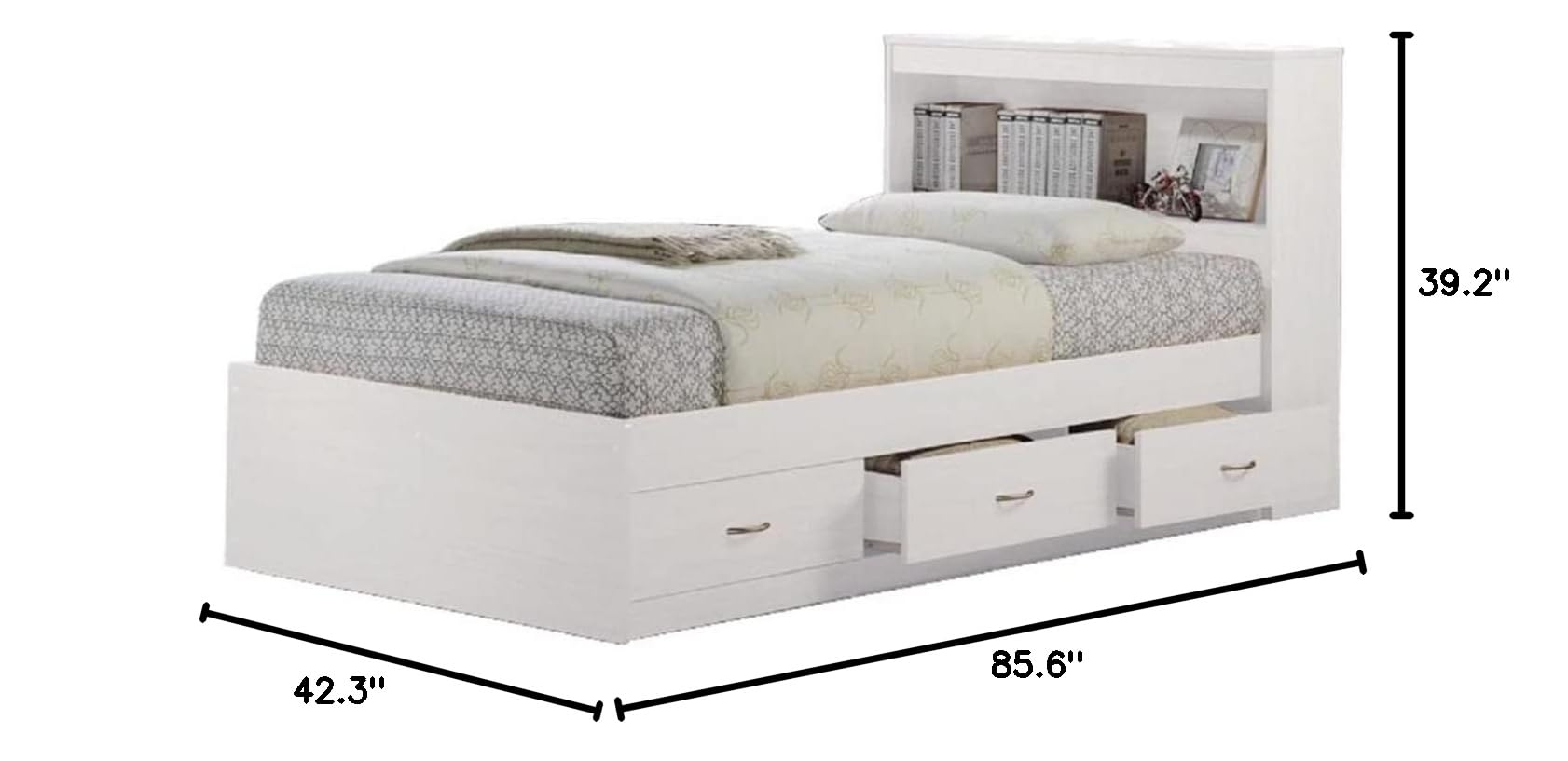 HODEDAH Twin Size Wood Platform Bed with Bookcase Headboard & 3 Drawers - White | Space-Saving Storage Solution for Small Bedrooms, Kids Rooms & Dorm Rooms | Sturdy Wooden Bed Frame with Built-in Organization