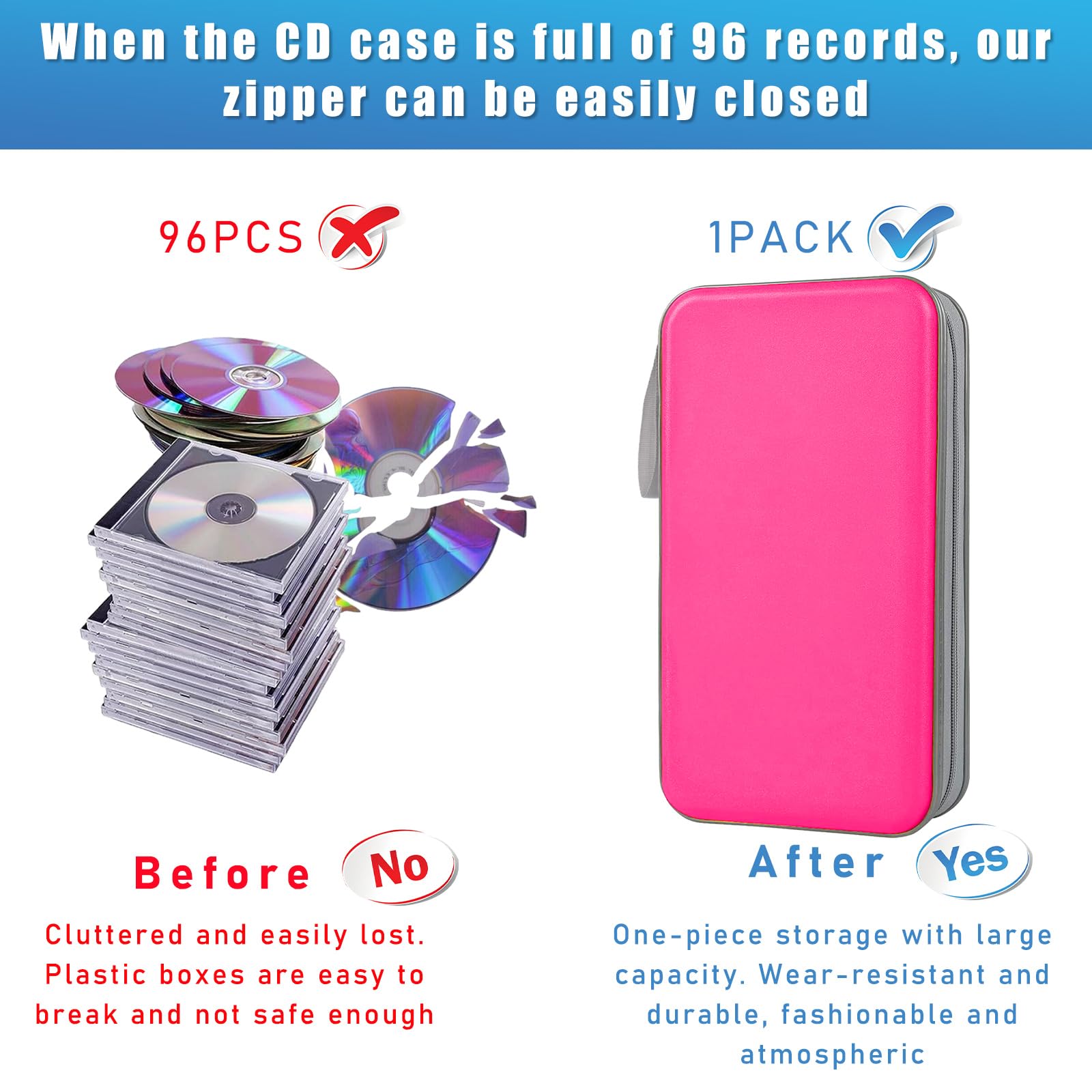 96-Slot Car CD DVD Case - Hard Plastic Organizer with Zipper & Strap for Home, Office & Travel (Rose Red)