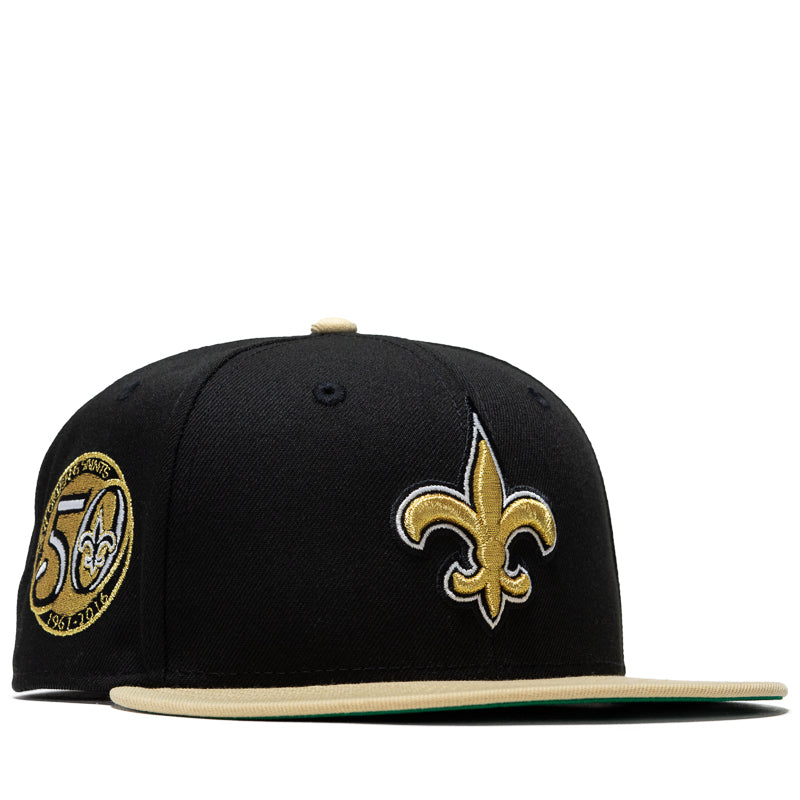 New Era x Politics New Orleans Saints 59FIFTY Fitted Cap - Black/Vegas Gold - Official NFL Snapback Hat for Men & Women - Perfect for Football Games, Sports Events & Streetwear Fashion