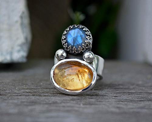 Labradorite & Citrine Gemstone Ring .925 Sterling Silver Size 6 - Elegant Bohemian Jewelry for Women, Perfect for Everyday Wear, Gift Giving & Special Occasions