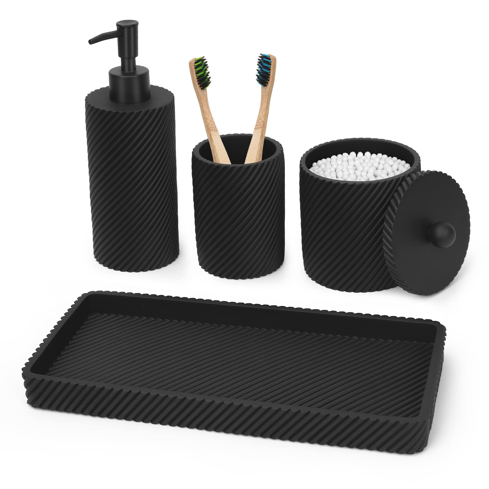 4-Piece Black Bathroom Accessories Set - Toothbrush Holder, Soap Dispenser, Q-Tip Holder & Vanity Tray | Modern Countertop Organizer for Bathroom Decor | Perfect for Master Bath, Guest Bath & Apartment Vanities