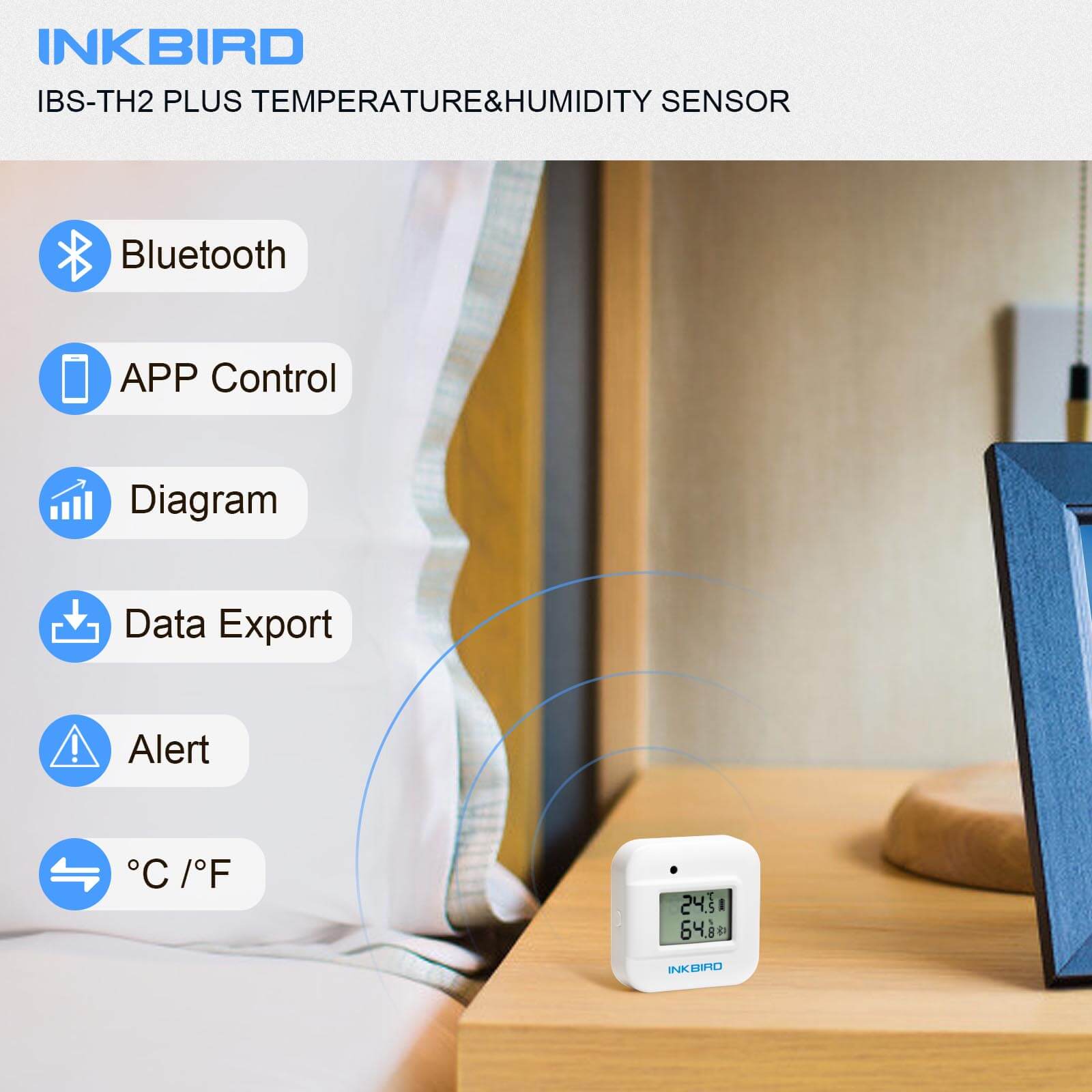 Wireless Bluetooth Hygrometer Thermometer IBS TH2 Plus - Monitor Indoor Temperature & Humidity for Home, Office, Nursery, and Greenhouse