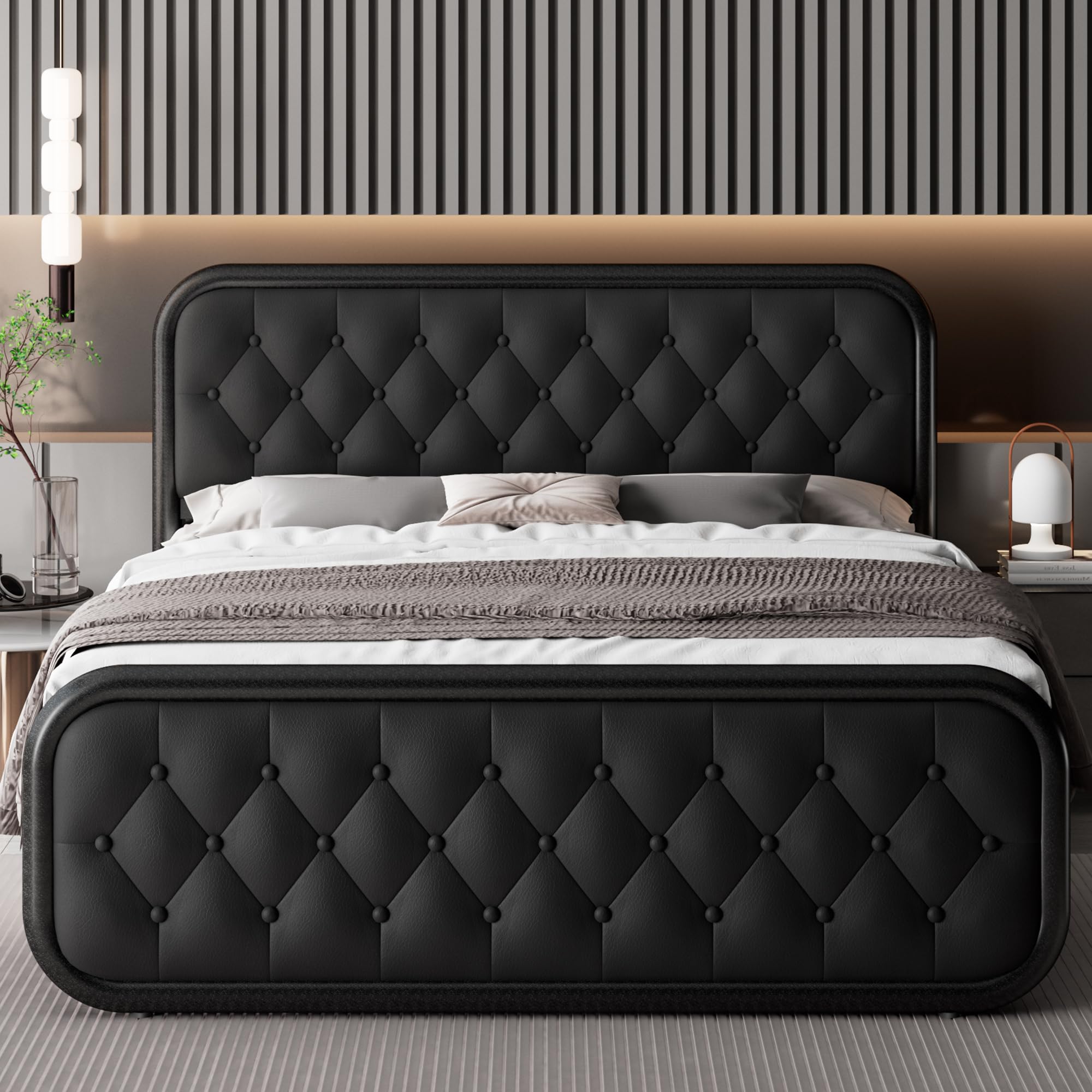 Feonase Full Size Bed Frame with Faux Leather Headboard - Heavy Duty Upholstered Platform Bed with Sturdy Metal Slats | 12
