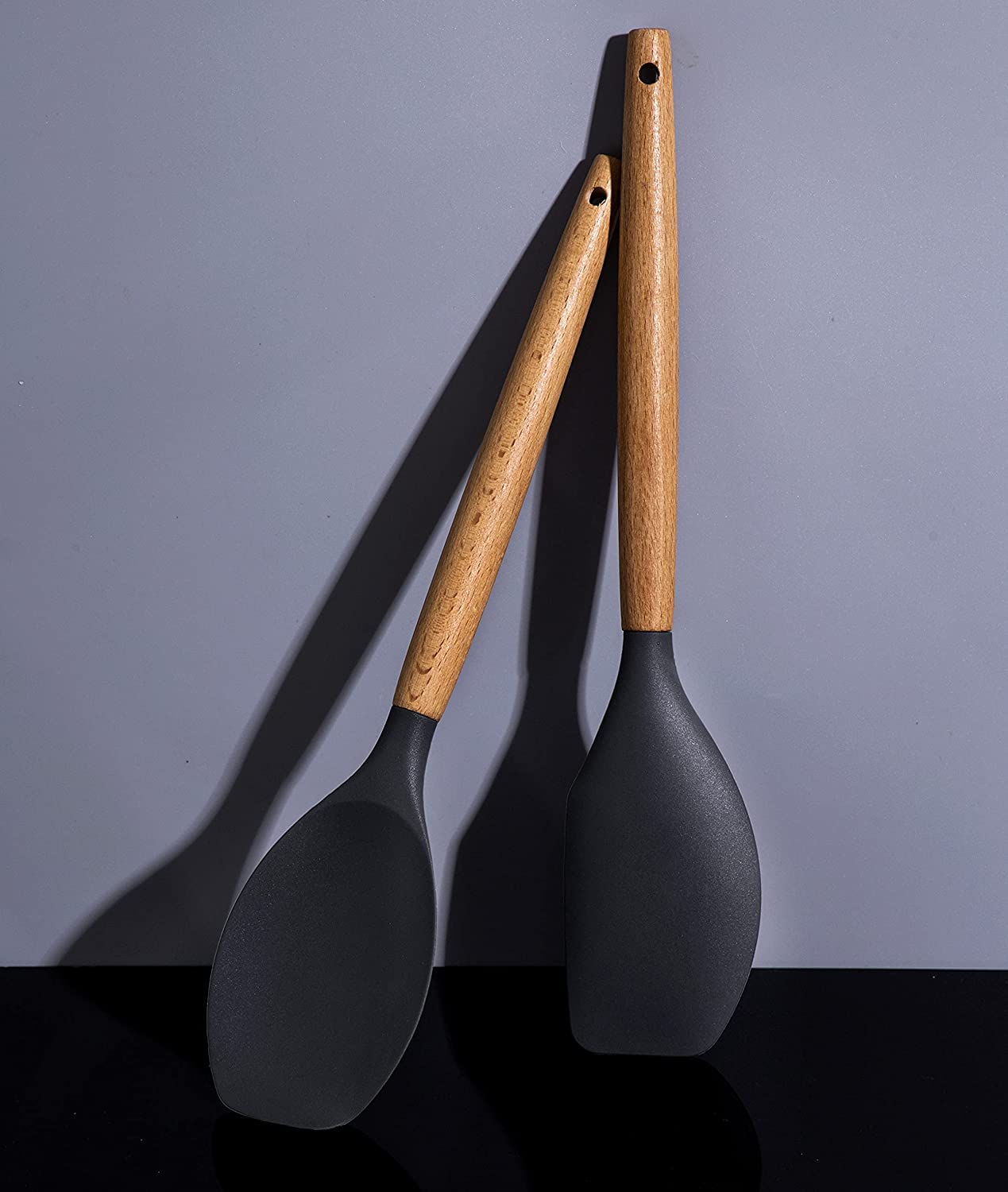 Heat Resistant Silicone Spatula Set with Wooden Handle - Nonstick Kitchen Utensils for Baking, Cooking & Mixing - Gray Rubber Scrapers Perfect for Non-Stick Cookware, Cake Decorating & Food Prep