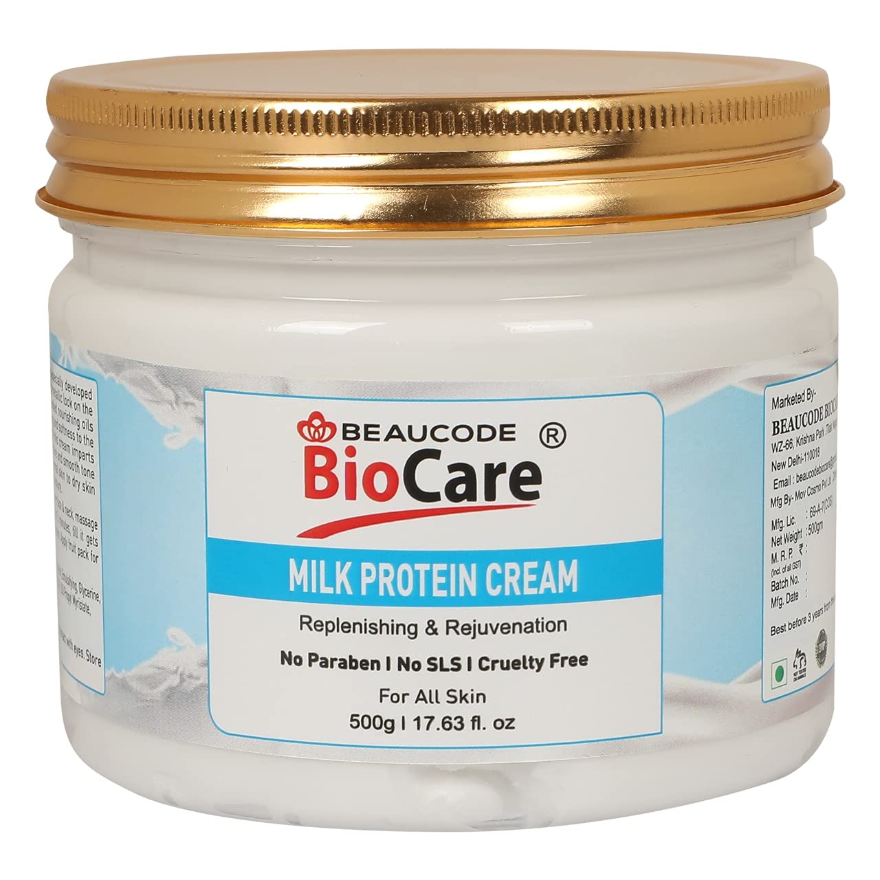 BEAUCODE BioCare Milk Protein Cream for Face & Body - Replenishing, Rejuvenating, Whitening & Brightening Moisturizer - Paraben & SLS Free - 500g - Perfect for Dry Skin, Night Care & Daily Hydration