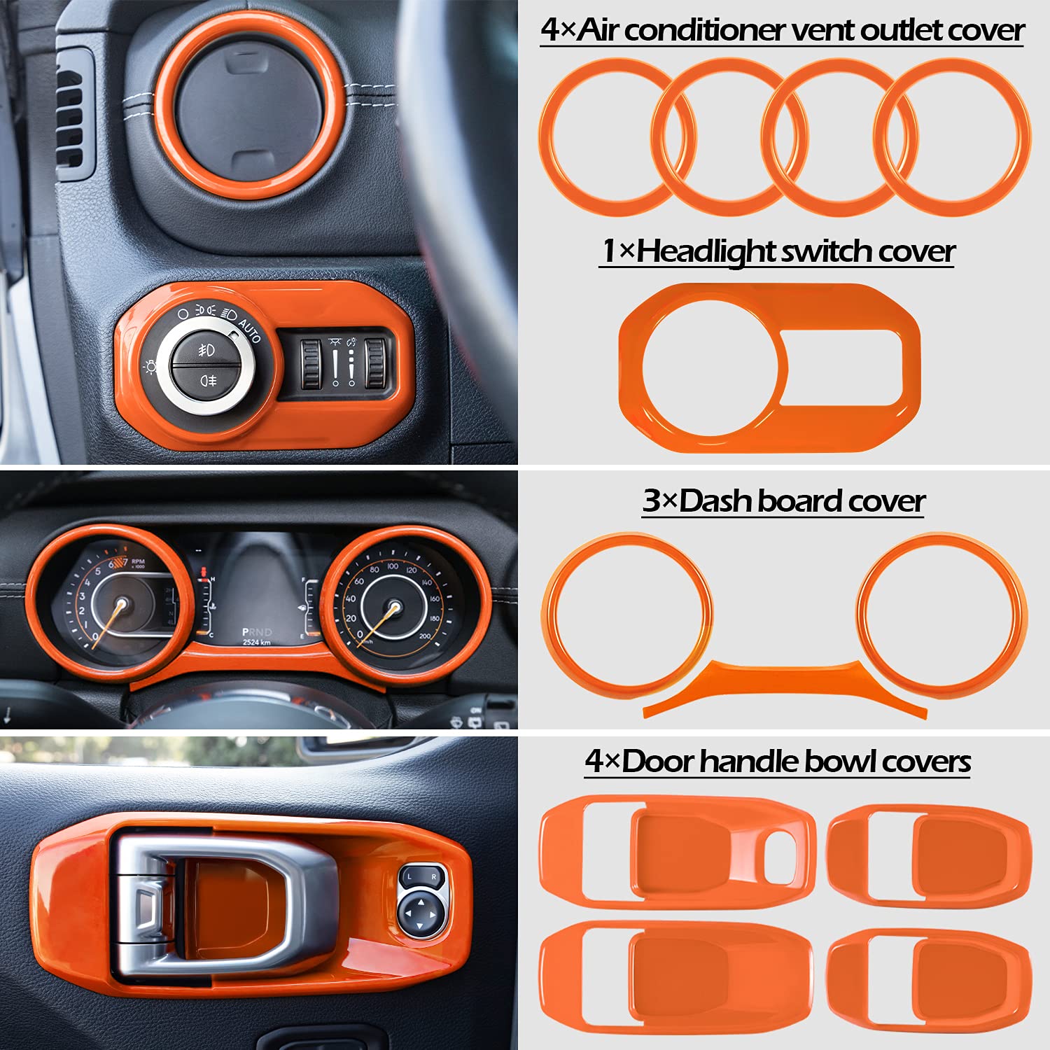 21PCS Full Interior Trim Kit for Jeep Wrangler JL/JLU (2018-2023) & Gladiator JT - AC Vent, Door Handle, Speaker, Light & Headlight Switch Covers (Orange) | Premium Car Interior Accessories for Off-Roading & Daily Driving