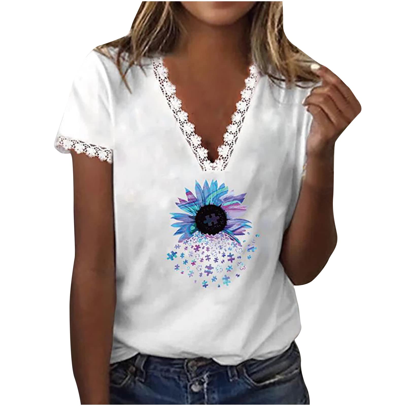 Stylish Women's Summer Tunic Tops - Short Sleeve Fitted V-Neck Graphic Tees & Casual Blouses | Trendy Pullover T-Shirts for Outings, Beach Wear & Everyday Comfort