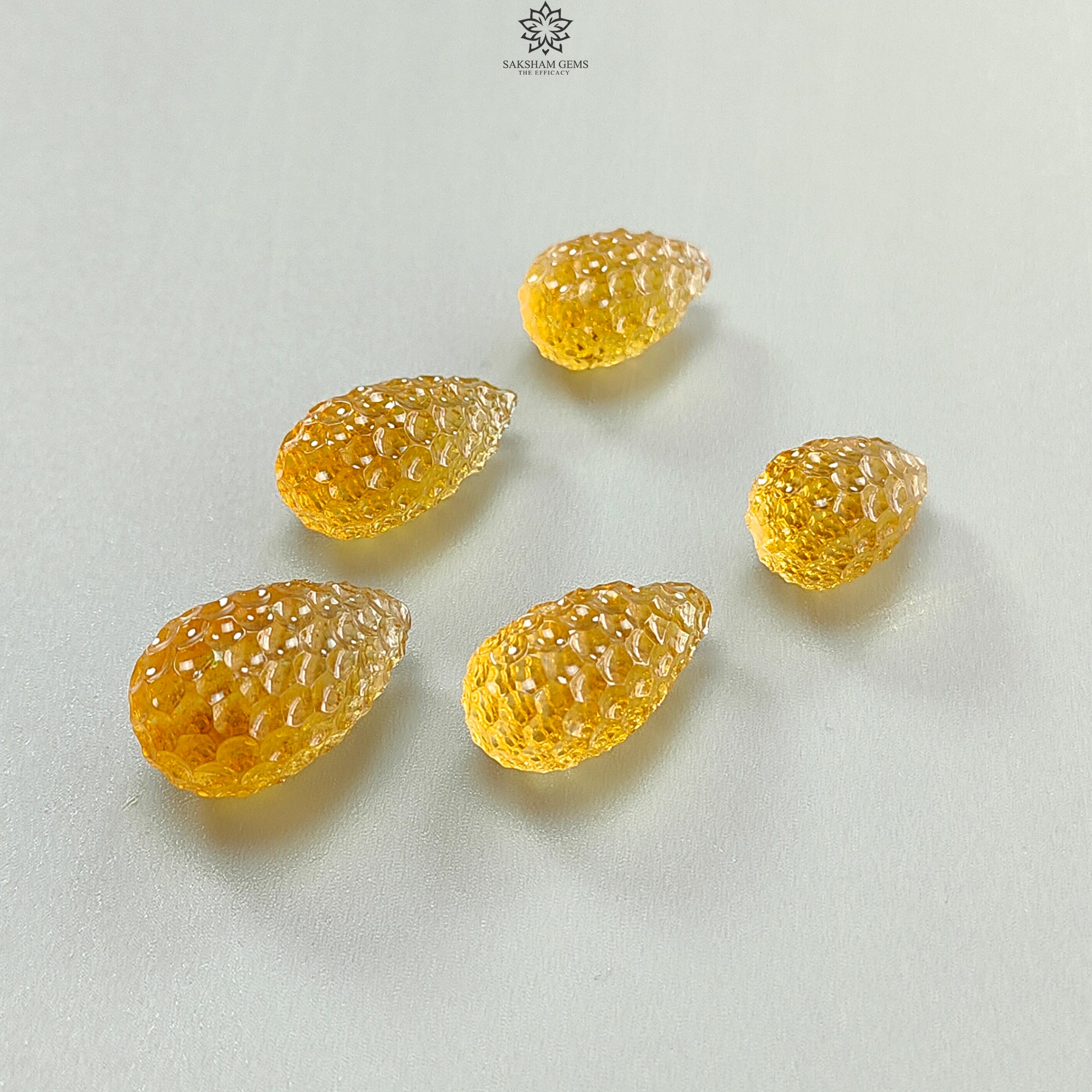 Natural Untreated Yellow Citrine Gemstone Carving - 93.50cts Hand Carved Teardrop Shape (18mm-24mm) 5-Piece Set - November Birthstone for Jewelry Making, Healing Crystals & Spiritual Gifts