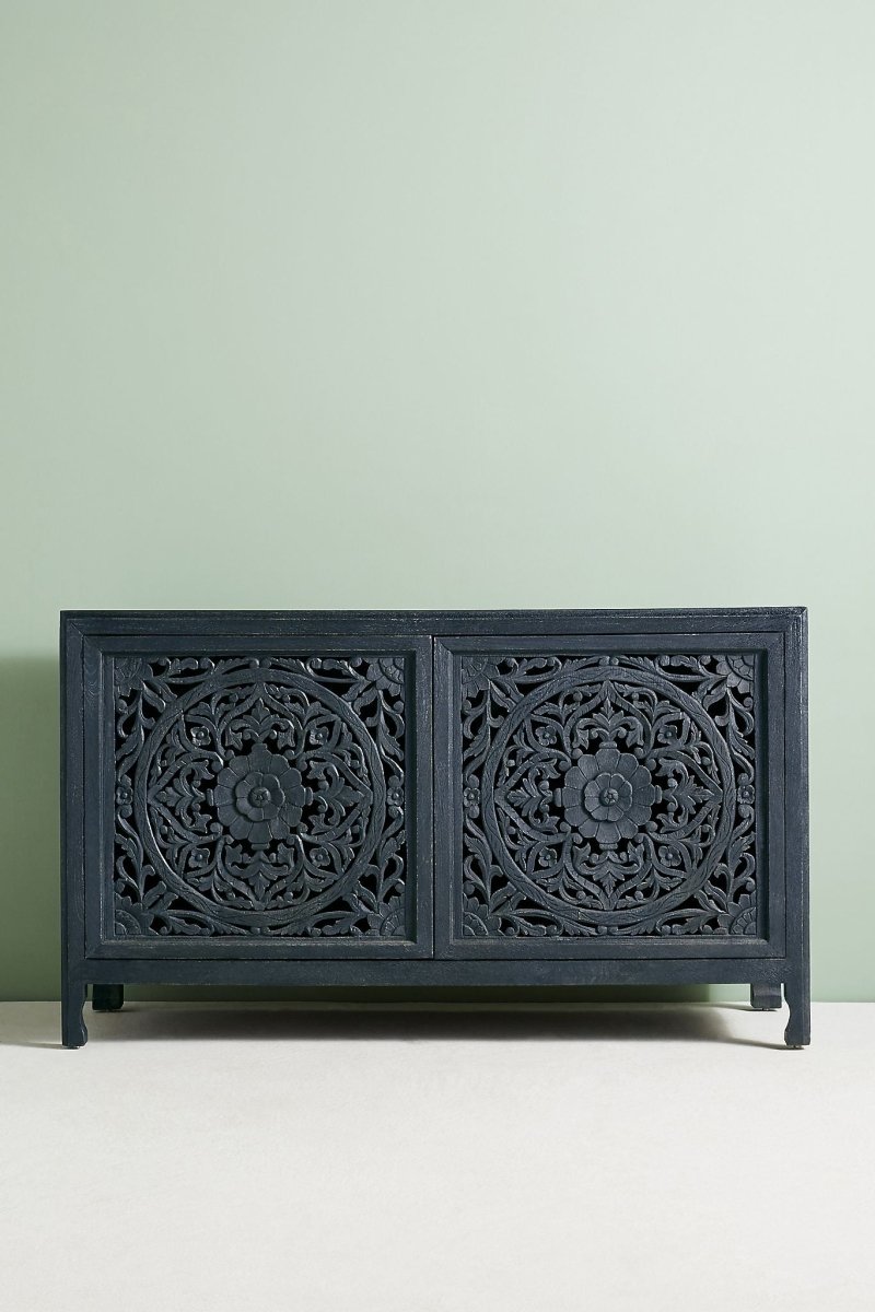 Hand Carved Lombok Buffet Indigo Color - Handmade Sideboard Cabinet | Solid Wood Indian Furniture for Dining Room & Living Room Storage