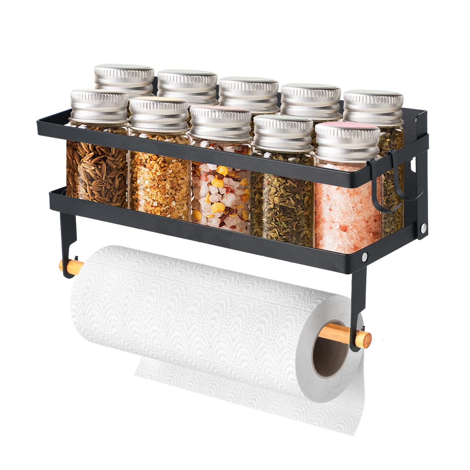 Aitmexcn Magnetic Spice Rack with Paper Towel Holder - Wall Mounted Spice Organizer Shelf for Kitchen, Pantry & RV - Space Saving Seasoning Storage Solution for Home Cooking & Camping
