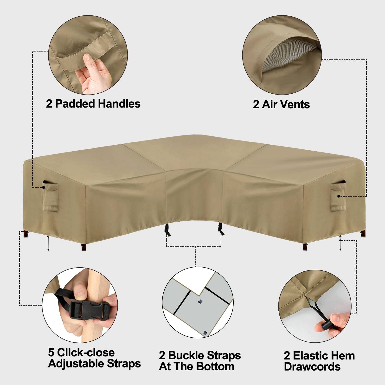 PureFit Outdoor Sectional Sofa Cover - Waterproof V-Shaped Patio Furniture Protector for Deck, Lawn & Backyard - 100”x100” Camel - Perfect for Rain, Sun & Snow Protection