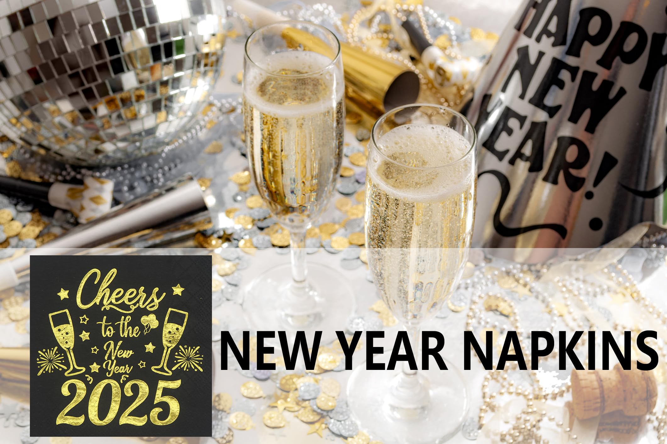 2025 New Year's Eve Party Napkins - Gold Foil Cheers Design, 5x5 Inch, 50-Pack - Perfect for NYE Celebrations, Countdown Parties & Holiday Decorations