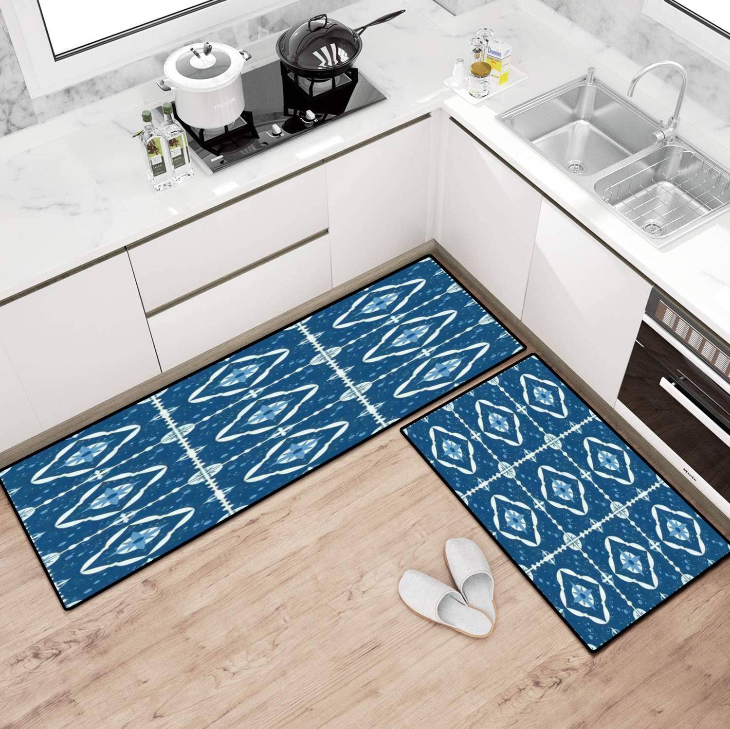 Mexican Tile Non-Slip Kitchen Rugs Set - Washable Floor Mats with Seamless Portuguese Azulejos & Puebla Talavera Design - Perfect for Kitchen Runner, Doormat, Bath Rug, and Comfort Standing Mats - Ideal for Home Decor, Entryway, and High-Traffic Areas