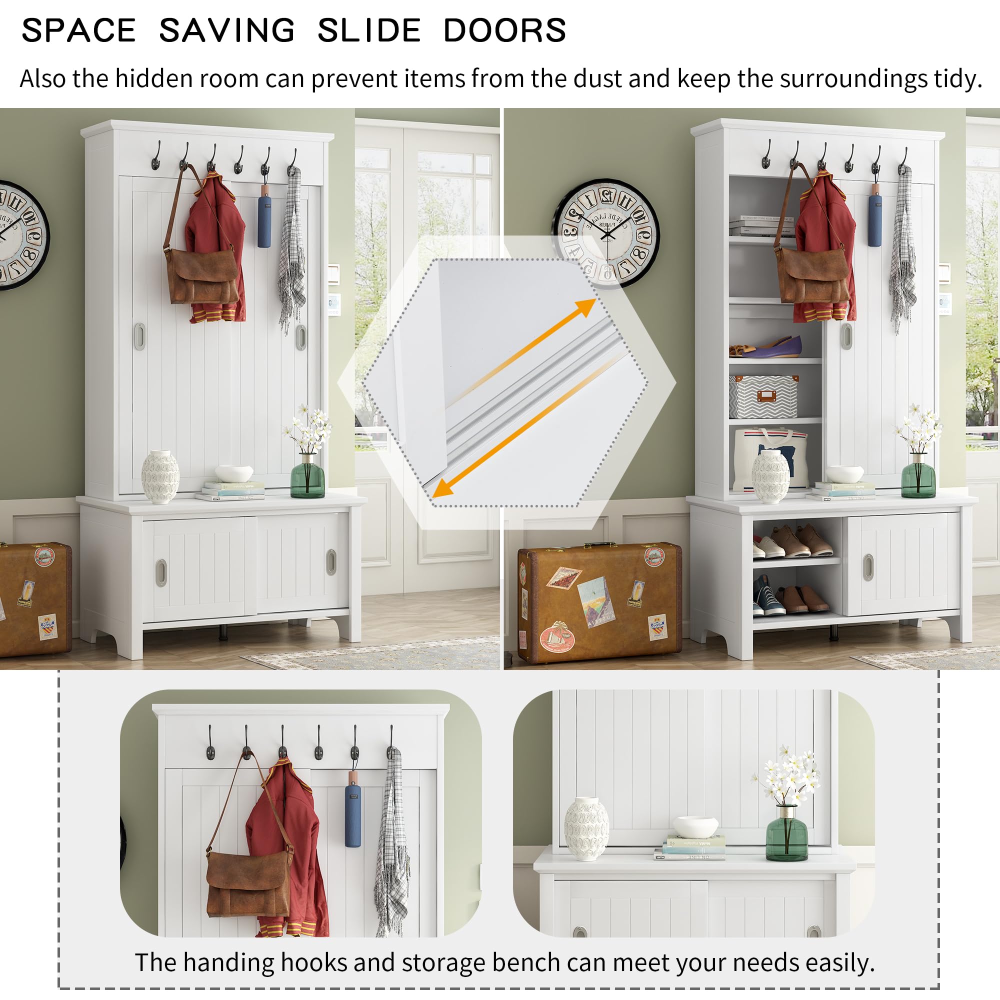 Merax Hall Tree with Storage Bench & Shelves - Multi-Functional Entryway Organizer with Shoe Cabinet & Coat Hooks - White - Perfect for Small Spaces, Mudrooms & Apartment Entryways