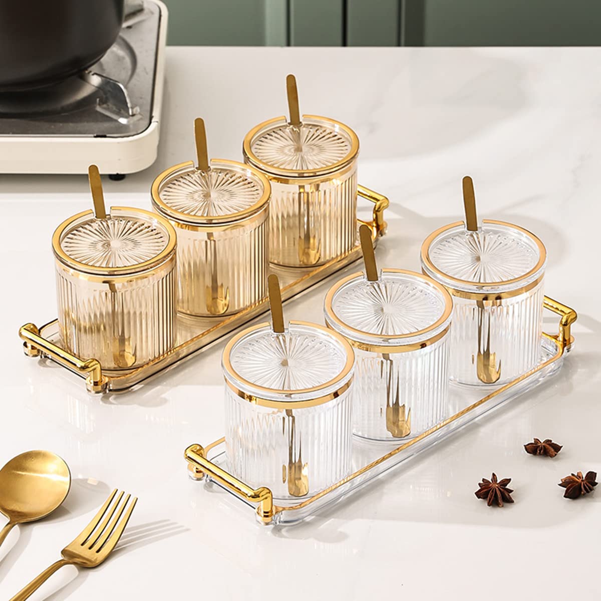 3-Pack Clear Acrylic Condiment Spice Jars with Lids & Spoons - Kitchen Storage Canisters for Salt, Sugar, Paprika - Perfect for Countertop Organization & Cooking Essentials