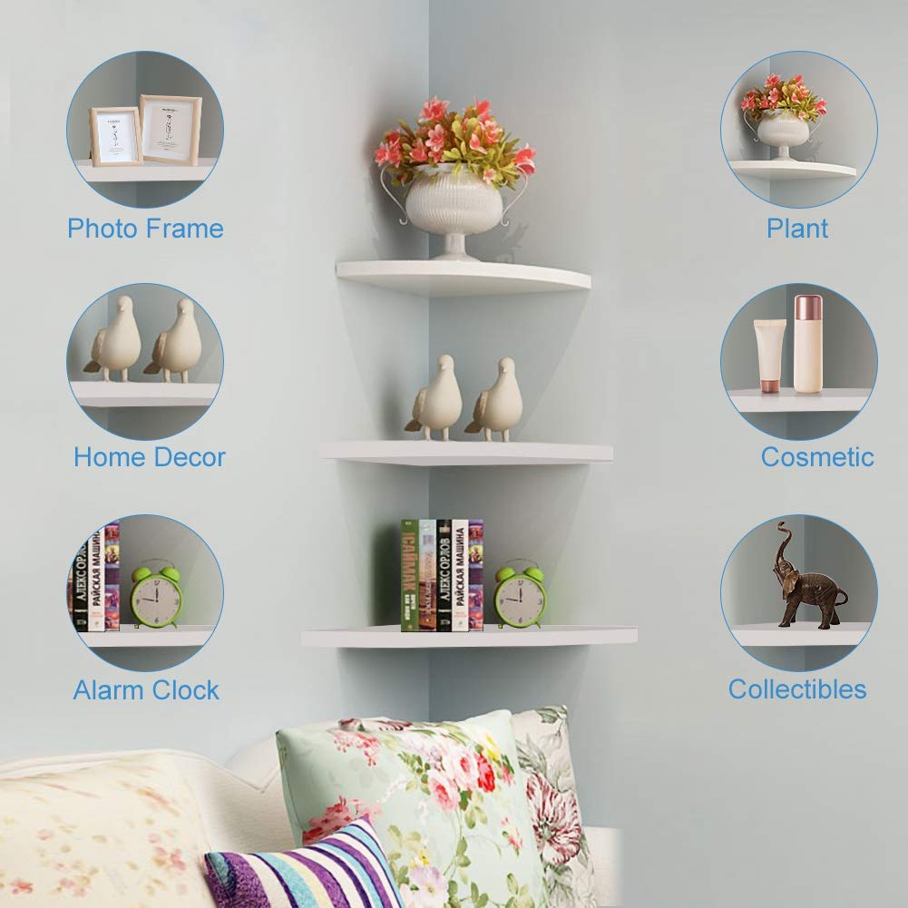 Greensen 3-Tier Floating Corner Shelf - Round End Wall Mounted PVC Shelves for Home Decor, Bedroom, Living Room, Bathroom, Kitchen & Office - White | Perfect for Small Spaces & Displaying Plants, Books & Decor Items