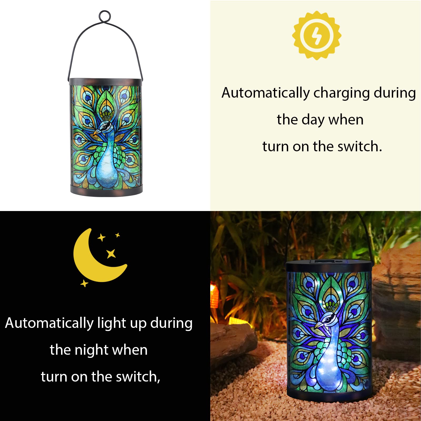 Solar Peacock Lights Outdoor Hanging - Waterproof Glass LED Solar Lantern for Garden, Yard, Tree & Desk Decor - Perfect for Patio, Pathway & Wedding Decoration