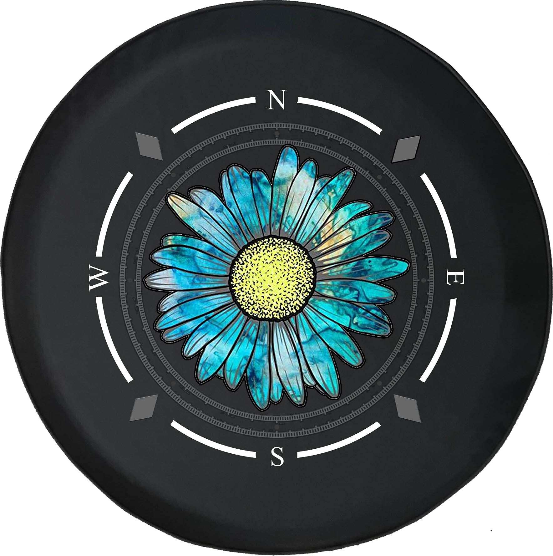 American Unlimited Spare Tire Cover with Compass & Blue Flower Design - Universal Fit for SUV, Trailer, RV & Most Vehicles - Perfect for Road Trips & Outdoor Adventures