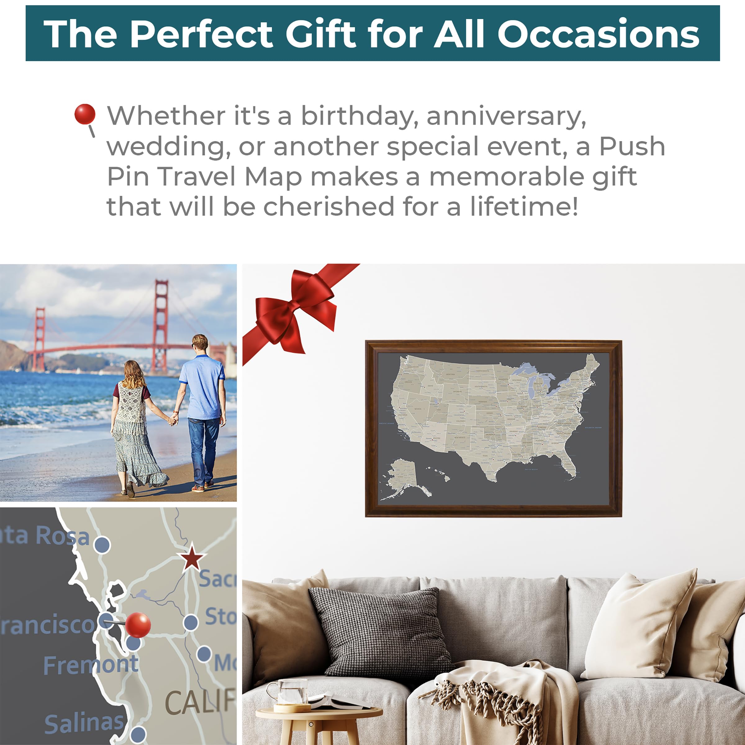 Custom Push Pin Travel Map - USA Wall Art with 150 Pins, Earth Tones & Brown Wood Frame - Handmade in USA (27.5