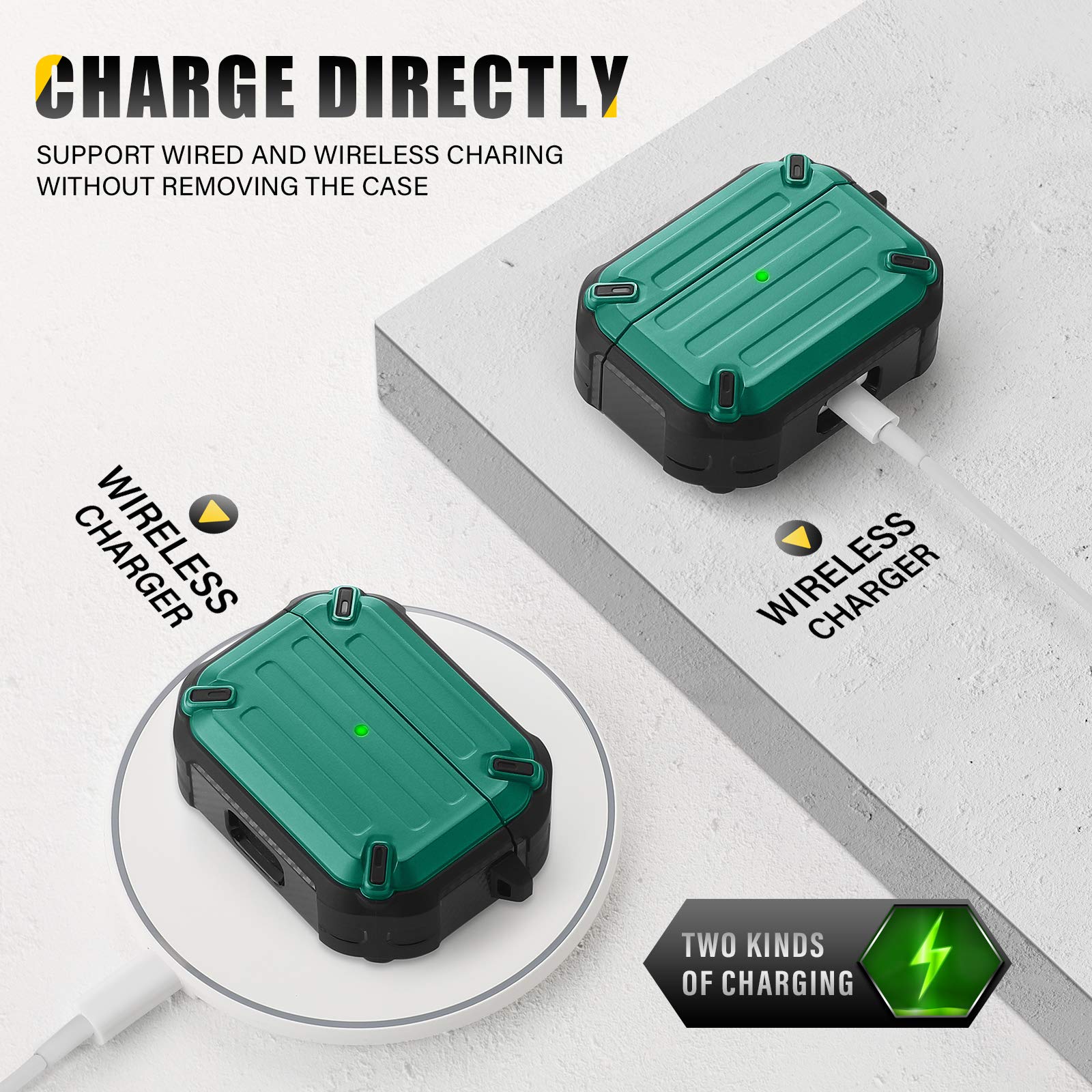Rugged AirPods Pro Case with Keychain - Shockproof TPU Cover for Charging Case, Midnight Green - Perfect for Travel & Outdoor Use