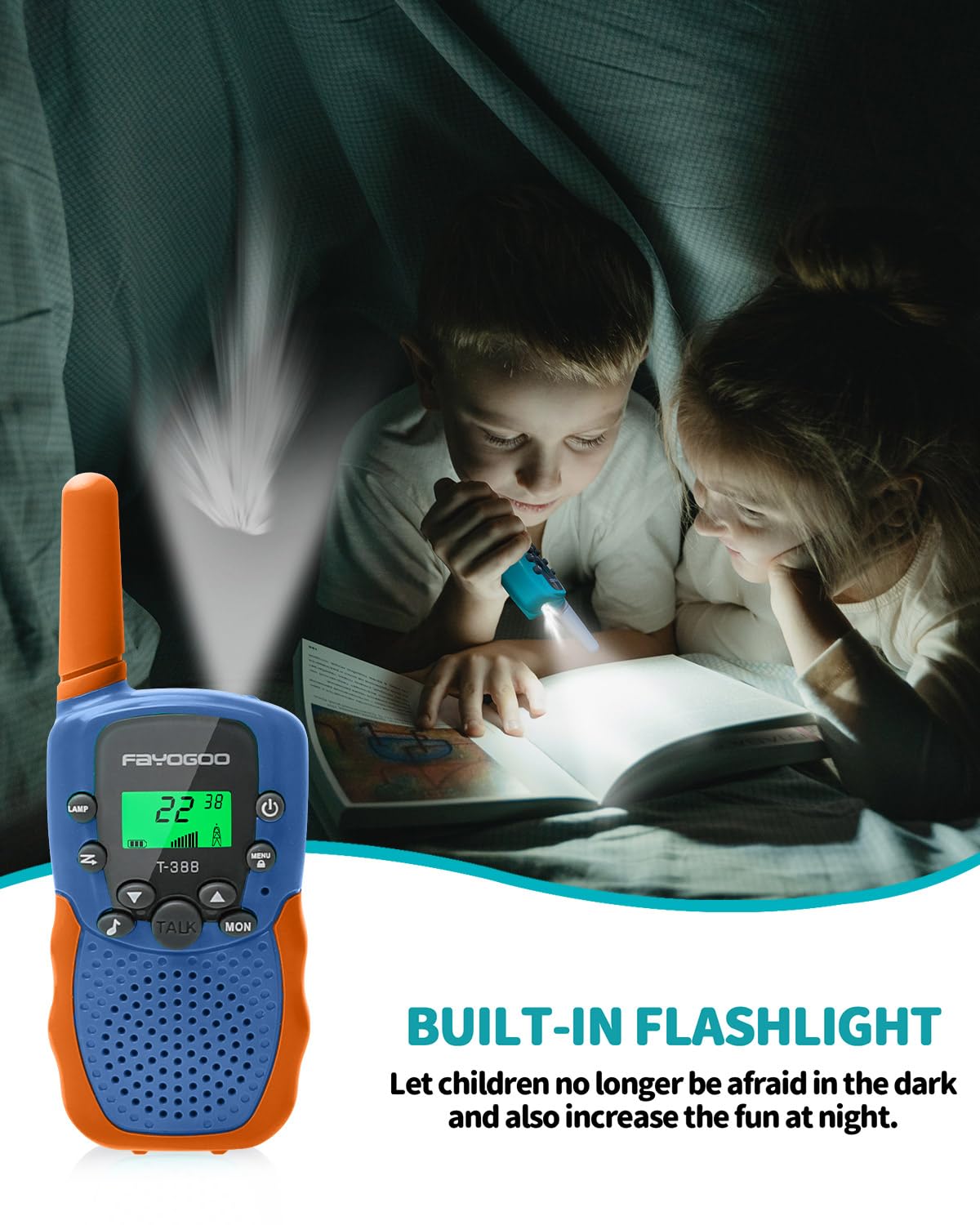 FAYOGOO 4 Pack Kids Walkie Talkies - Long Range 2 Miles Rechargeable Walkie Talkies with Flashlight & Built-in Battery - Best Toys Gifts for Boys Girls Ages 3-12 - Perfect for Outdoor Adventures, Camping, Hiking & Birthday Christmas Gifts