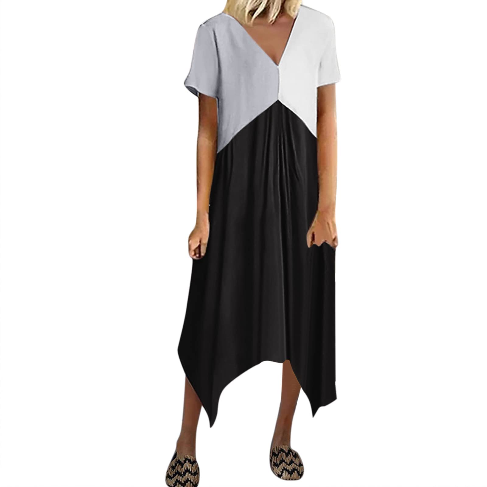 Women's Mini Dress with V-Neck & Short Sleeve - Color Block Casual Summer Dress for Holiday & Beach Wear - Loose Fit Long Flowy Style for Parties, Dates & Vacation Outfits
