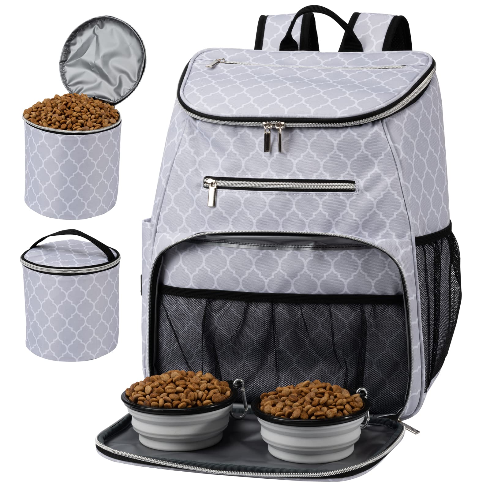 BAGLHER Airline Approved Pet Travel Backpack for Dogs - Waterproof Dog Carrier with 2 Collapsible Bowls & Food Containers - Perfect for Air Travel, Hiking, and Outdoor Adventures (DL White)