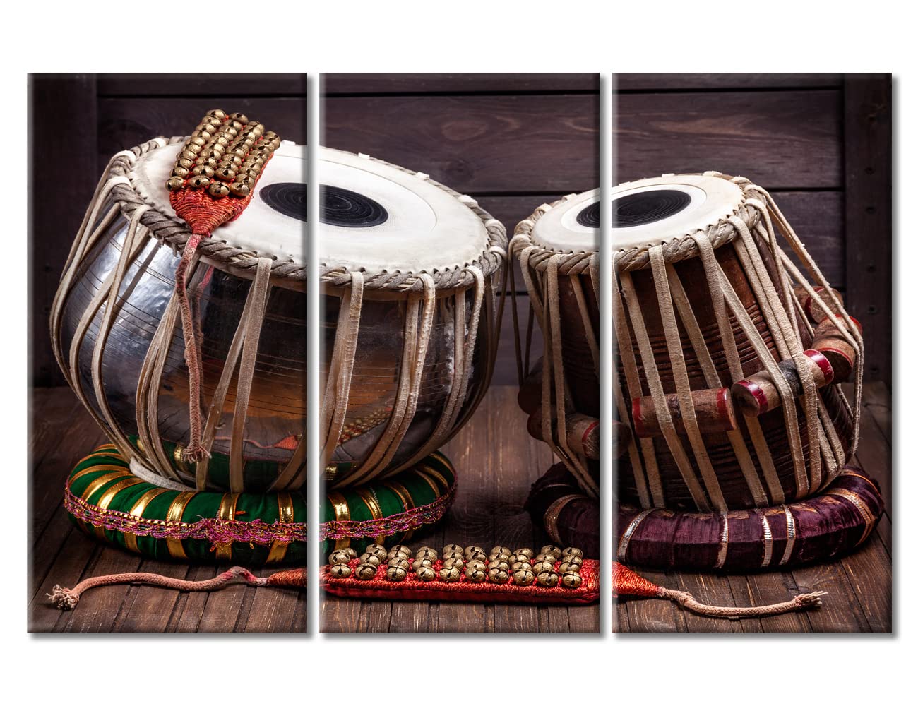 Handcrafted Indian Tabla Drums and Bells Set with Wooden Background - 3 Piece Canvas Wall Art for Living Room Decor - Framed Musical Instrument Painting Ready to Hang (60