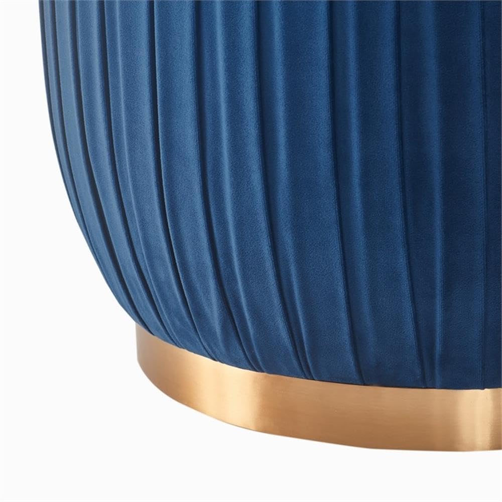 Jolie Pleated Ottoman - Modern Upholstered Tufted Round Foot Stool with Gold-Plated Base | Navy Blue Vanity Bench for Living Room, Bedroom & Bathroom | Perfect for Lounging, Makeup Area & Footrest