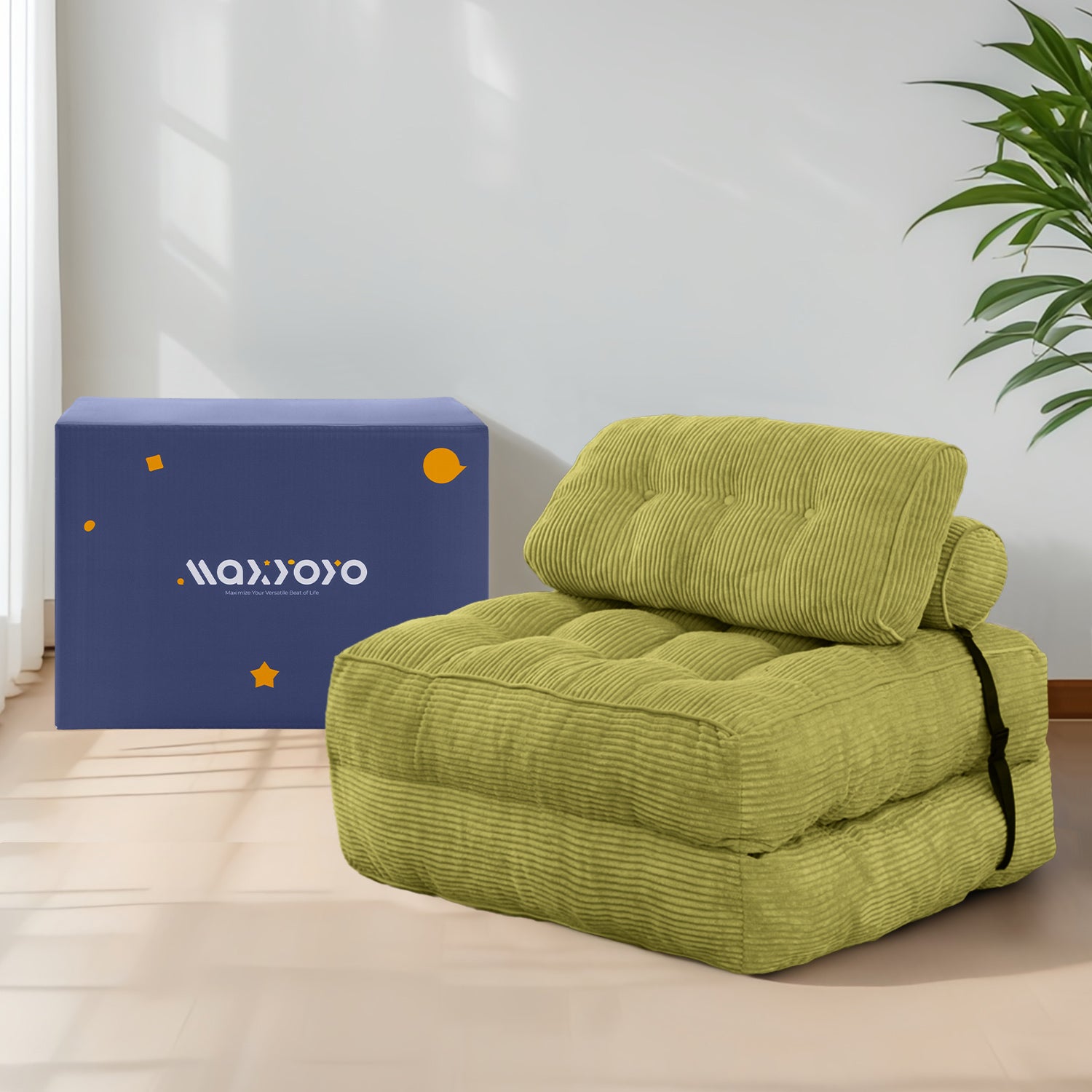 MAXYOYO Corduroy Folding Sofa Bed - Convertible Sleeper Chair with Pillow & Foldable Mattress, Back Support for Living Room, Guest Room & Small Spaces (Green) | Perfect for Apartments, Dorms & Home Offices