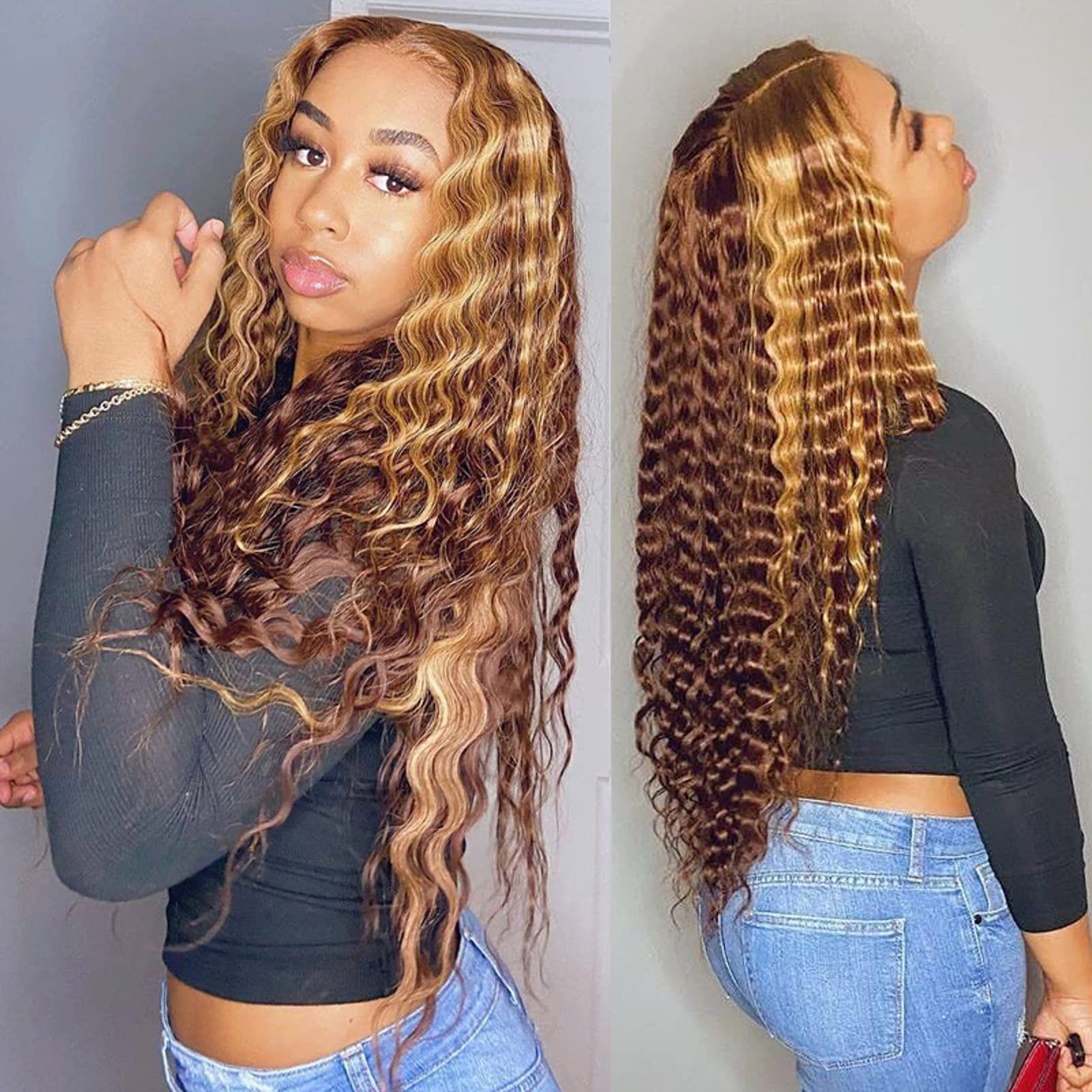 BLY Highlight Human Hair Lace Front Wigs - 22 Inch Deep Wave #4/27 Ombre Glueless Wig with Pre-Plucked Hairline, 4x4 Transparent Lace, 180% Density Honey Blonde Curly Water Wave - Perfect for Daily Wear, Cosplay & Special Occasions