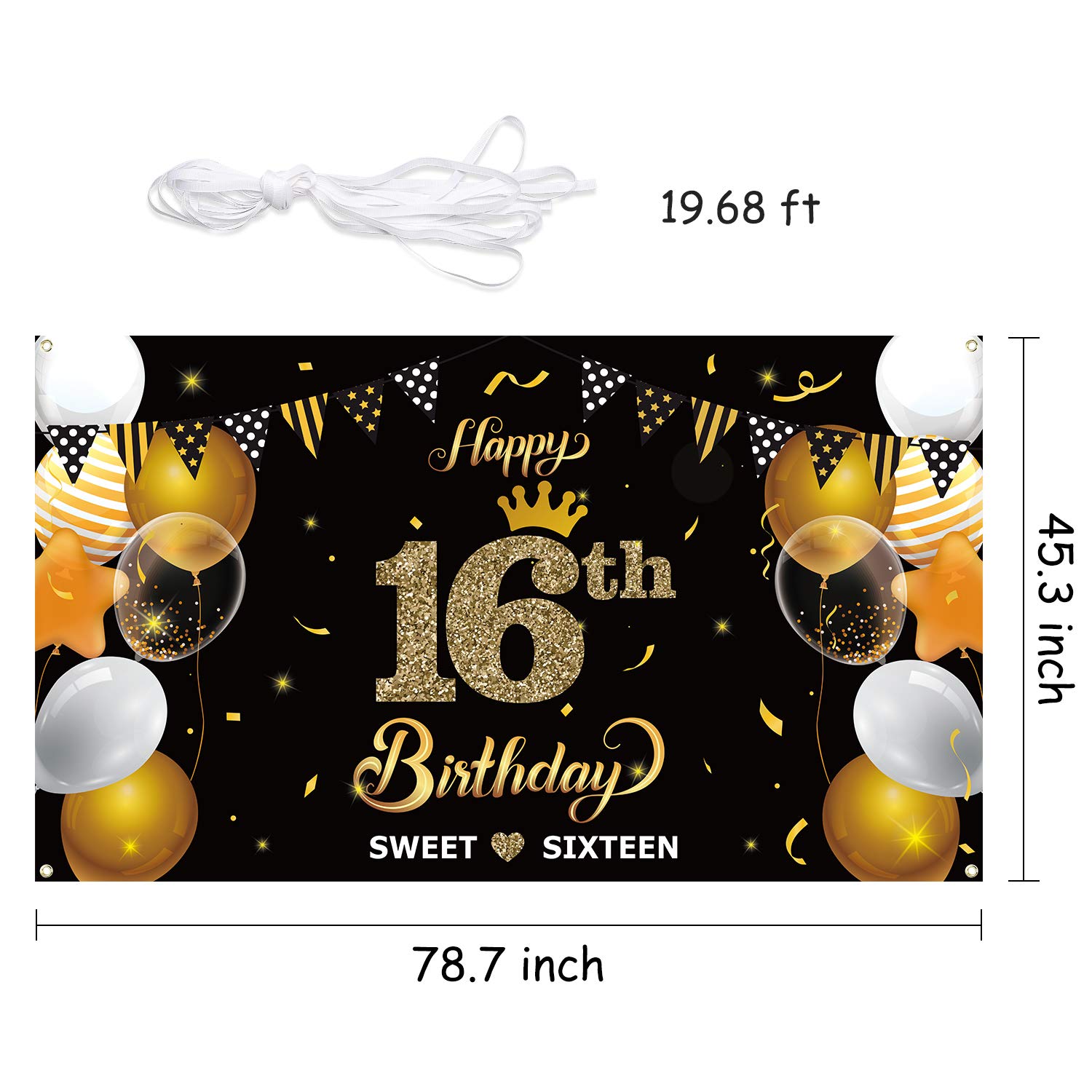 WATINC Happy 16th Birthday Backdrop Banner - 78” x 45” Extra Large Black & Gold Party Decor with Balloons - Indoor/Outdoor Photo Booth Background for Sweet 16 Celebrations, Birthday Parties & Social Media Photos
