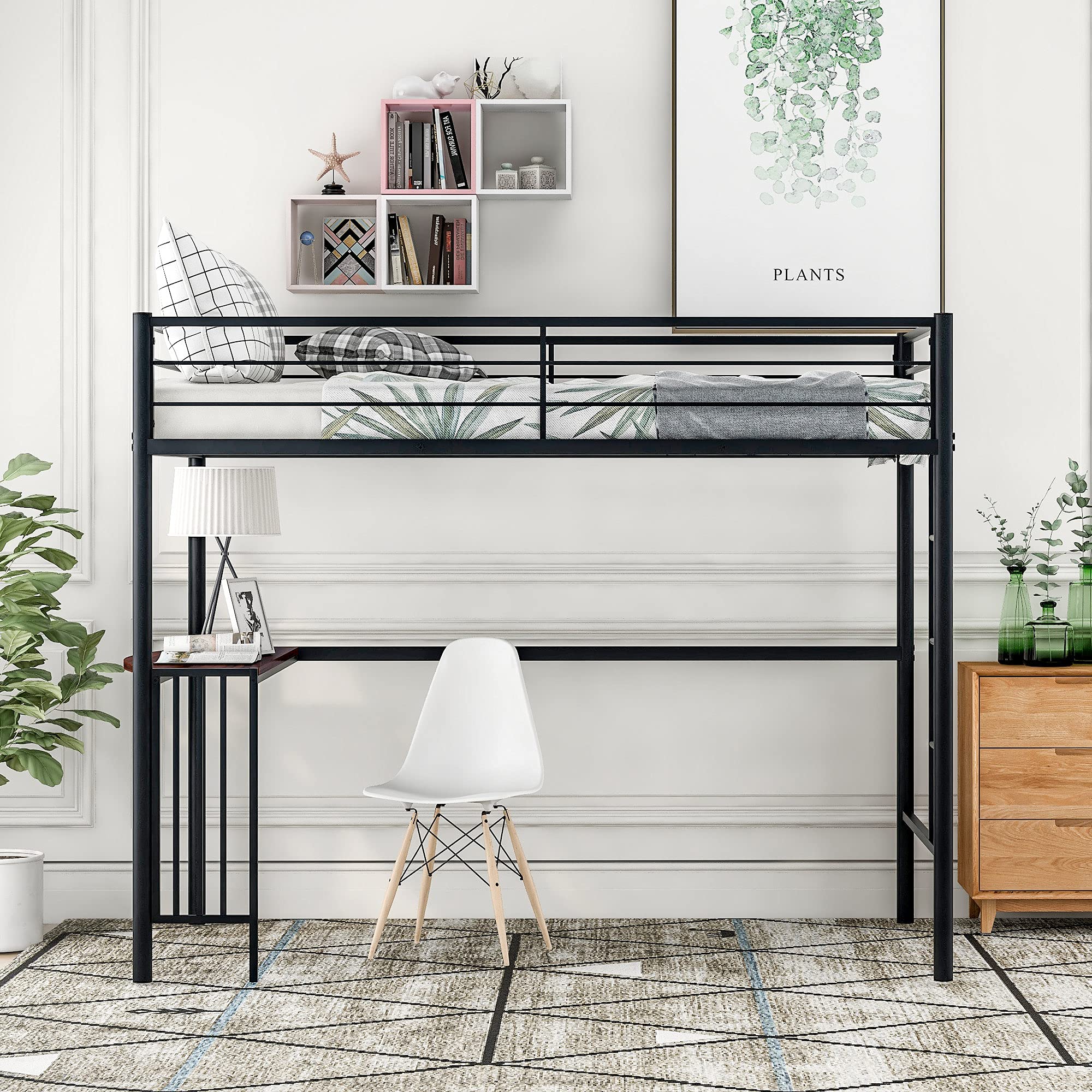 **Metal Twin Loft Bed Frame with Built-in Ladder, Guardrails, Desk & Bookcase - Space-Saving Bunk Bed for Kids & Teens - Perfect for Small Bedrooms, Dorms, or Shared Rooms (Black)**