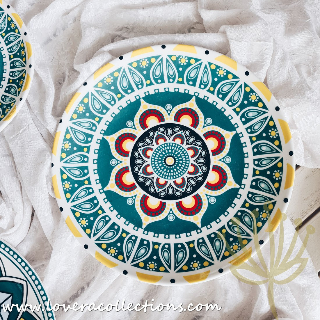 Mandala Green & White Salad Plate Set - Elegant Hand-Painted Ceramic Dinnerware for Home & Restaurant Use - Perfect for Salads, Appetizers, Desserts & Party Serving