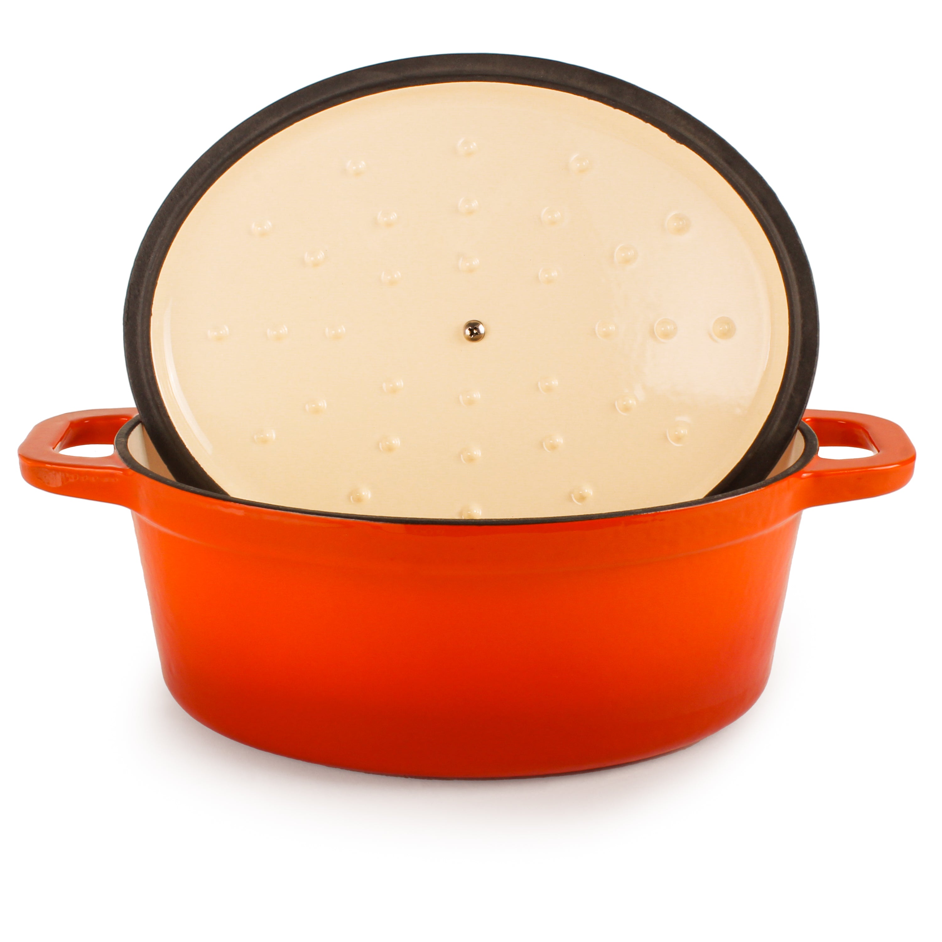 BergHOFF Neo 5-Piece Cast Iron Dutch Oven Set with 10-Inch Fry Pan, 5-Quart & 8-Quart Oval Pots, Orange Enamel Coating - Perfect for Braising, Stewing, Baking & Camping Cooking