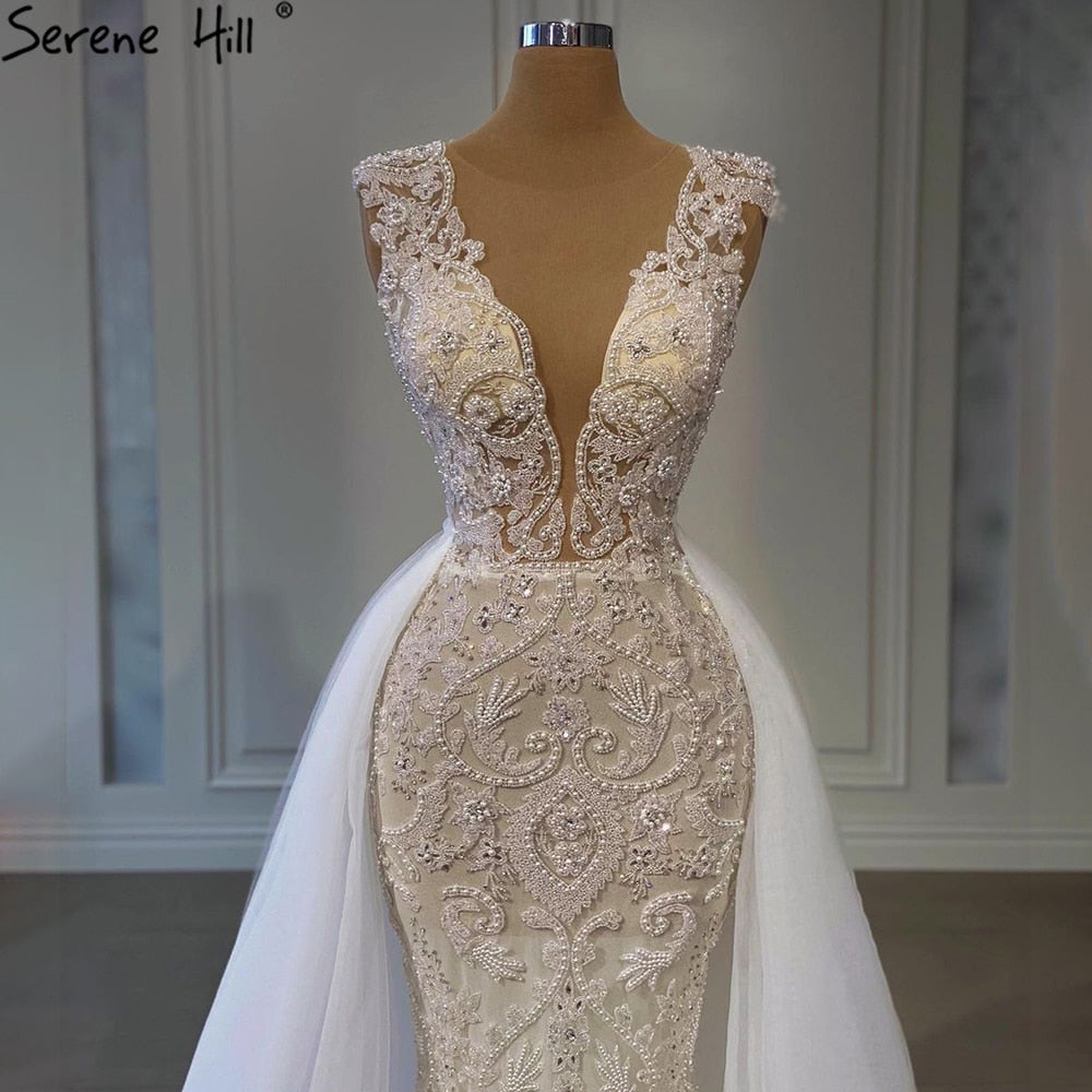 Serene Hill Luxury Ivory Mermaid Evening Gown with Beading and Train - Elegant Formal Dress for Prom, Wedding & Black Tie Events 2025 Collection LA71109