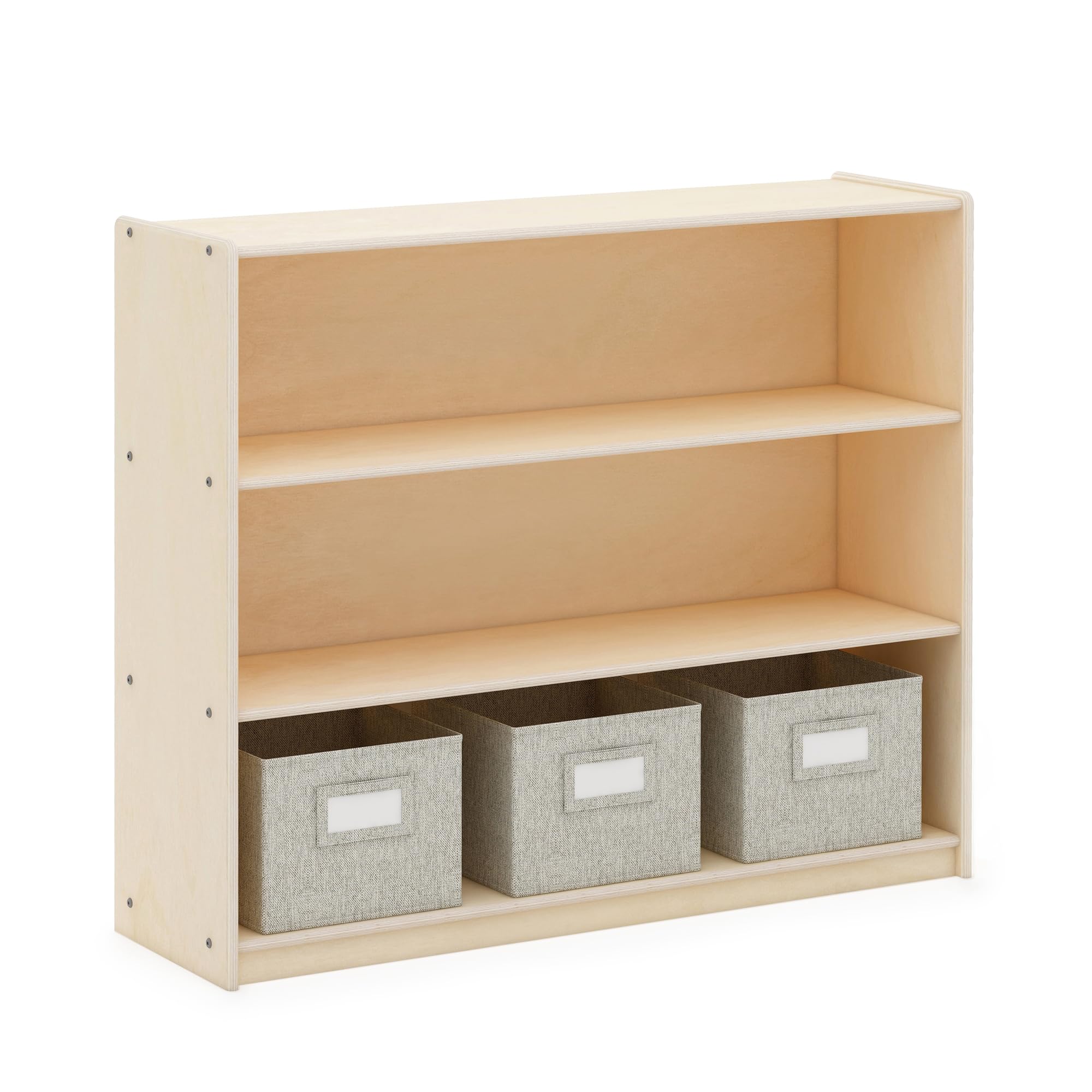 Guidecraft EdQ Three Shelf Open Storage Unit with 3 Fabric Bins - Natural Wood Kids Bookcase & Toy Organizer for Homeschool, Classroom, Playroom & Bedroom Storage Solutions